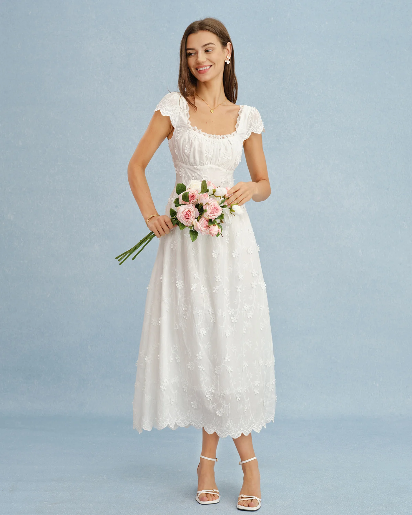 White Square Neck Lace Flowers Maxi Dress - Image 5
