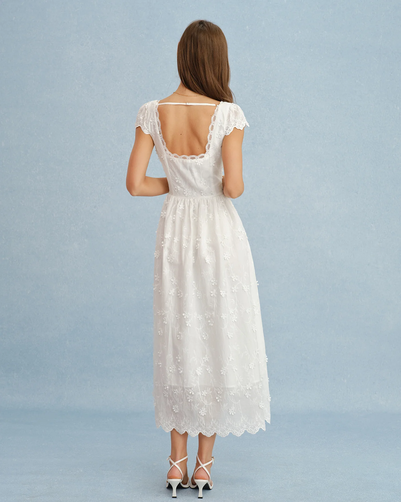 White Square Neck Lace Flowers Maxi Dress - Image 6