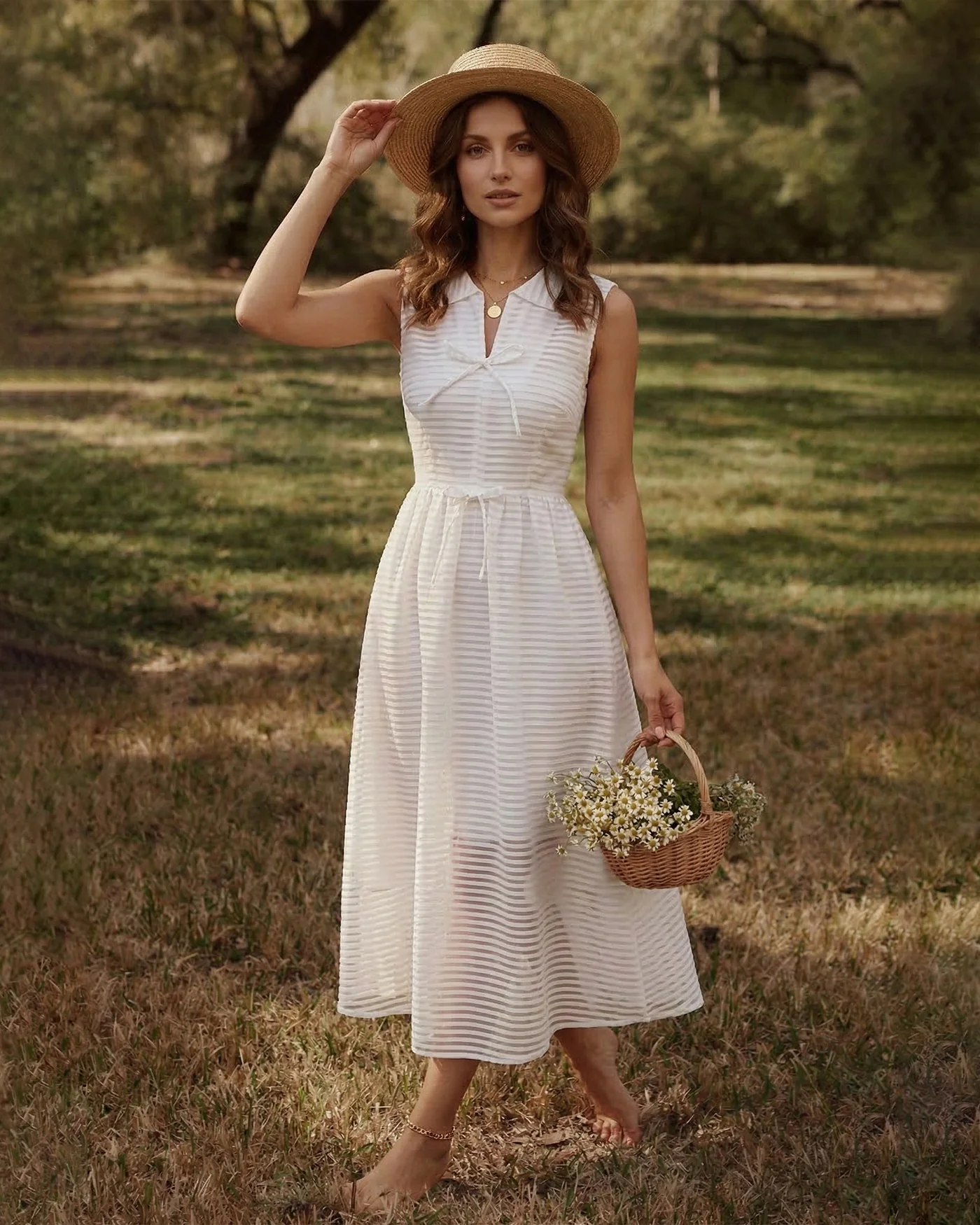 White Striped Sleeveless Midi Dress