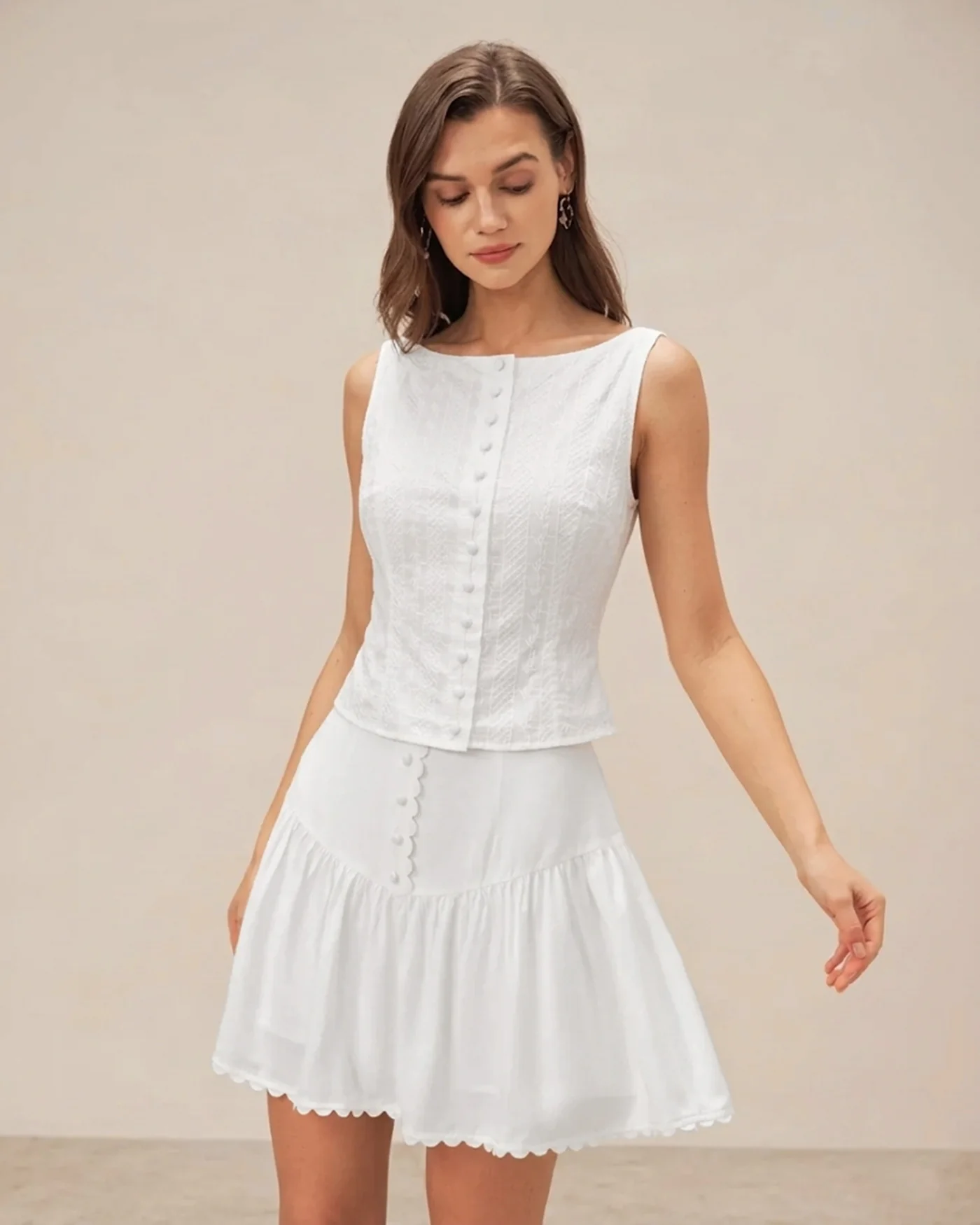 White Textured Boat Neck Button Vest