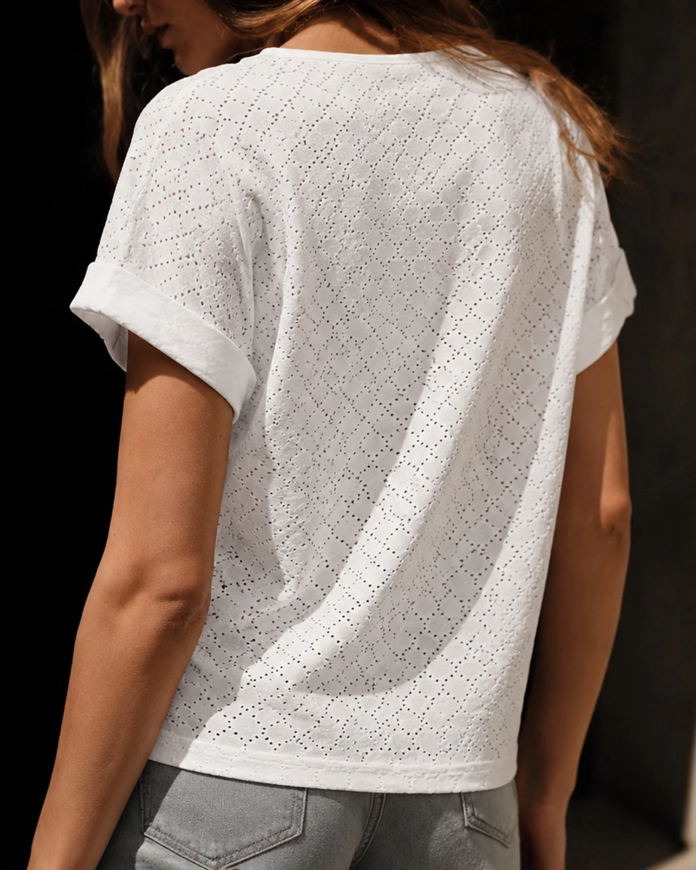 White V Neck Cut Out Textured Tee - Image 4
