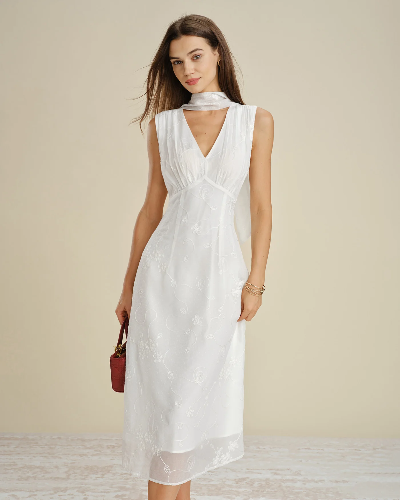 White V Neck Floral Embroidery Midi Dress - Image 3