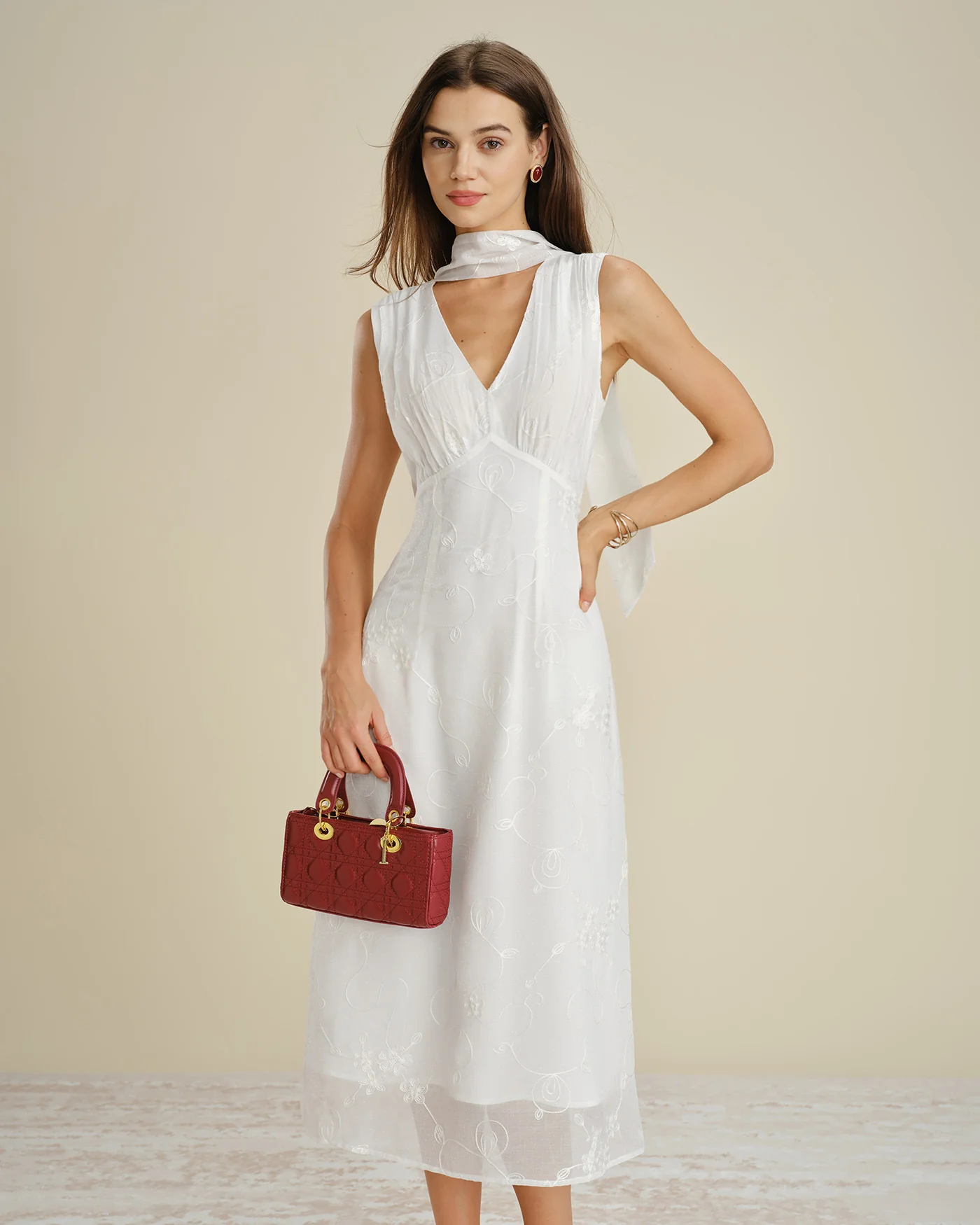 White V Neck Floral Embroidery Midi Dress - Image 5