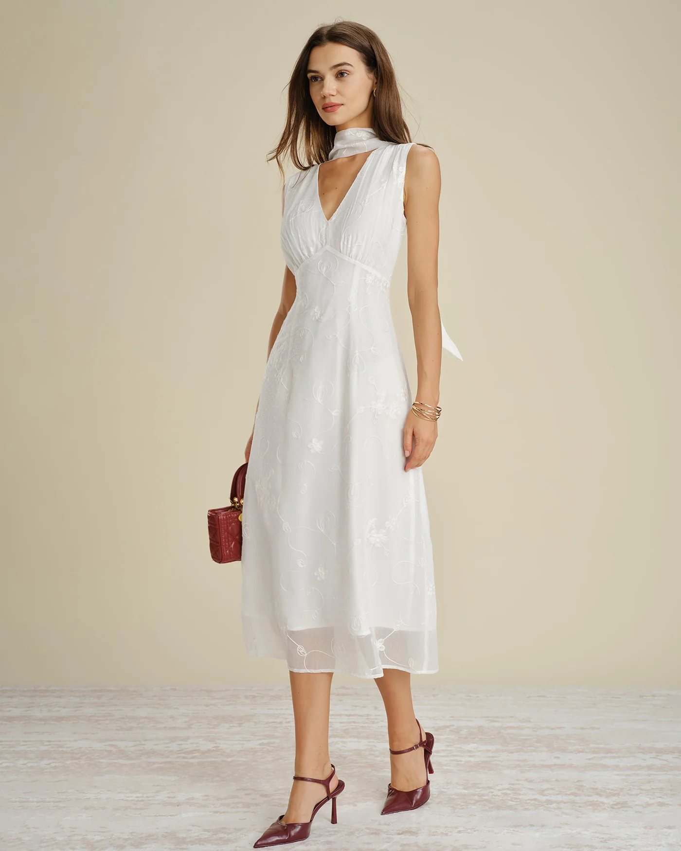 White V Neck Floral Embroidery Midi Dress - Image 7