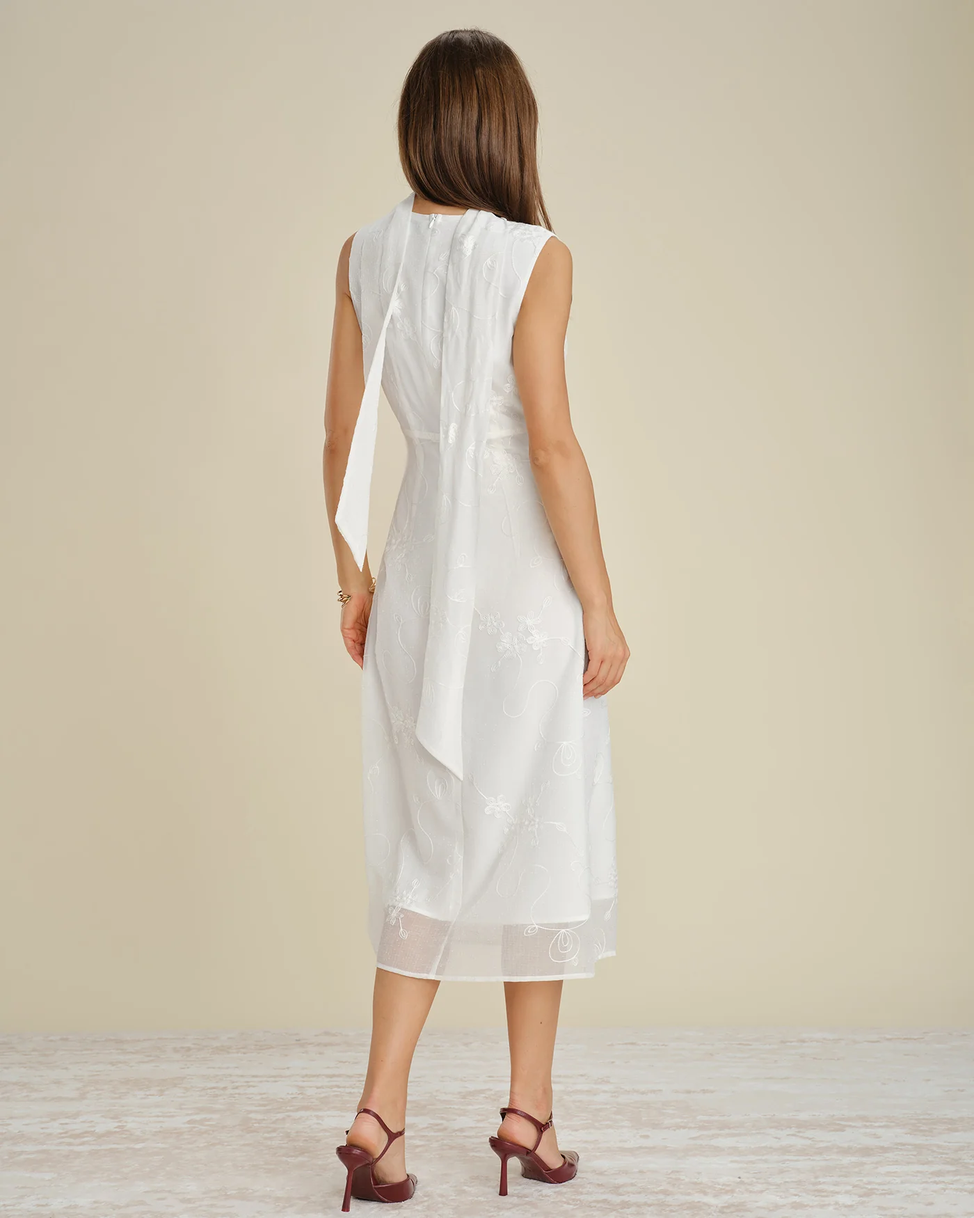 White V Neck Floral Embroidery Midi Dress - Image 8