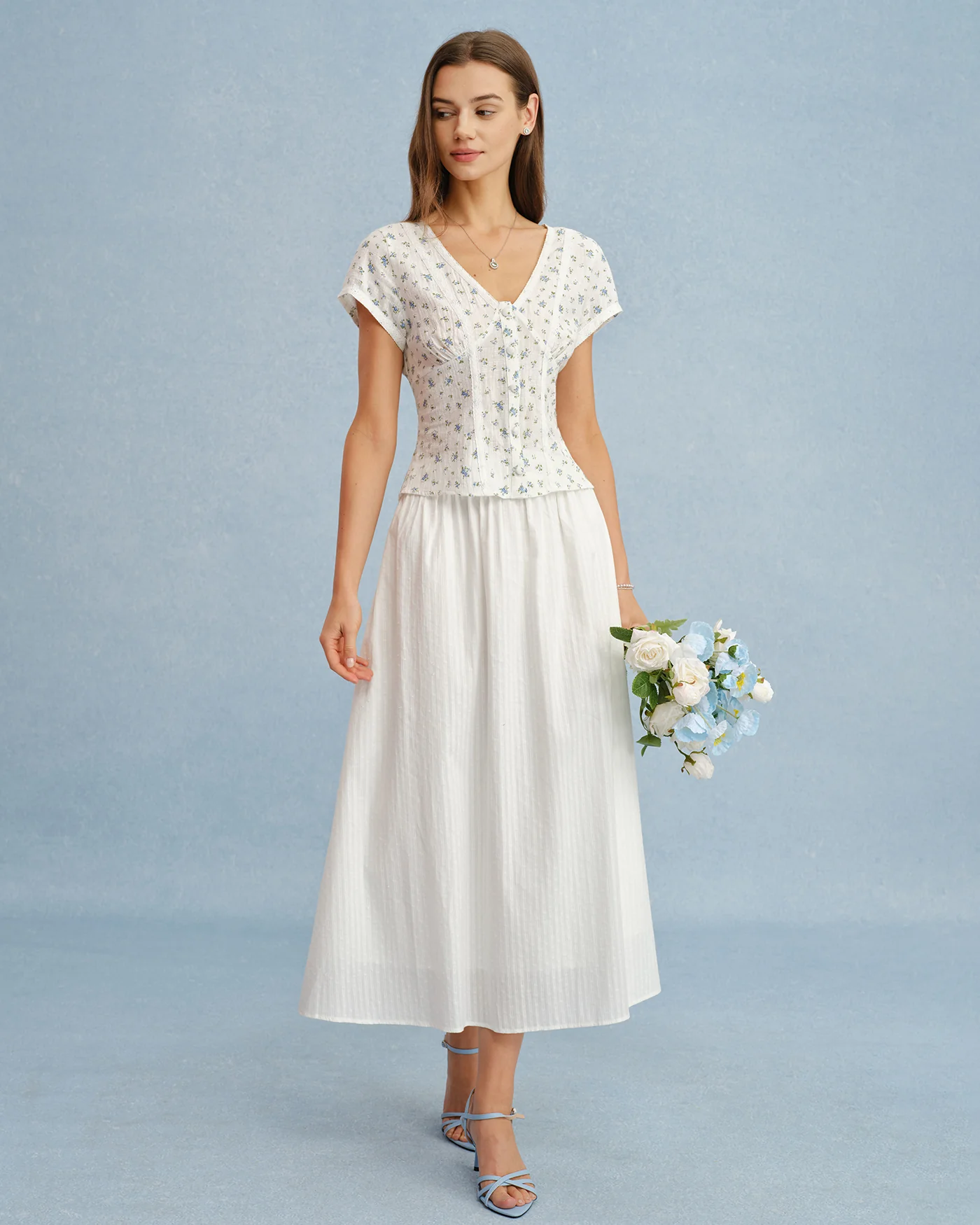 White V Neck Floral Splicing Tee - Image 6