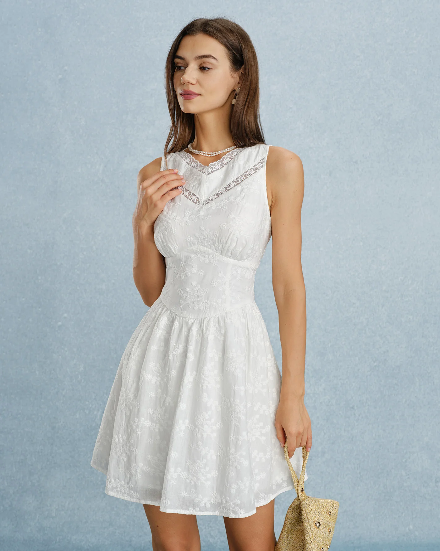 White V Neck Lace Embroidery Mini Dress - Image 3