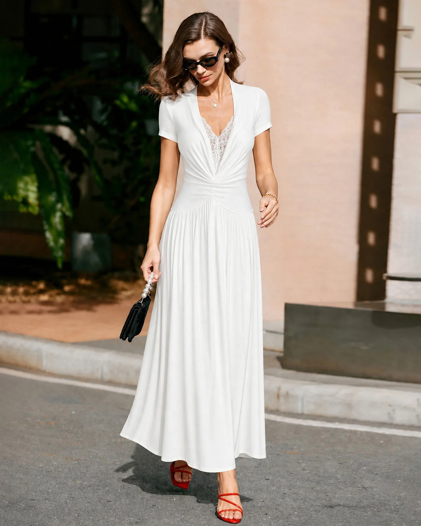 White V Neck Lace Splicing Maxi Dress