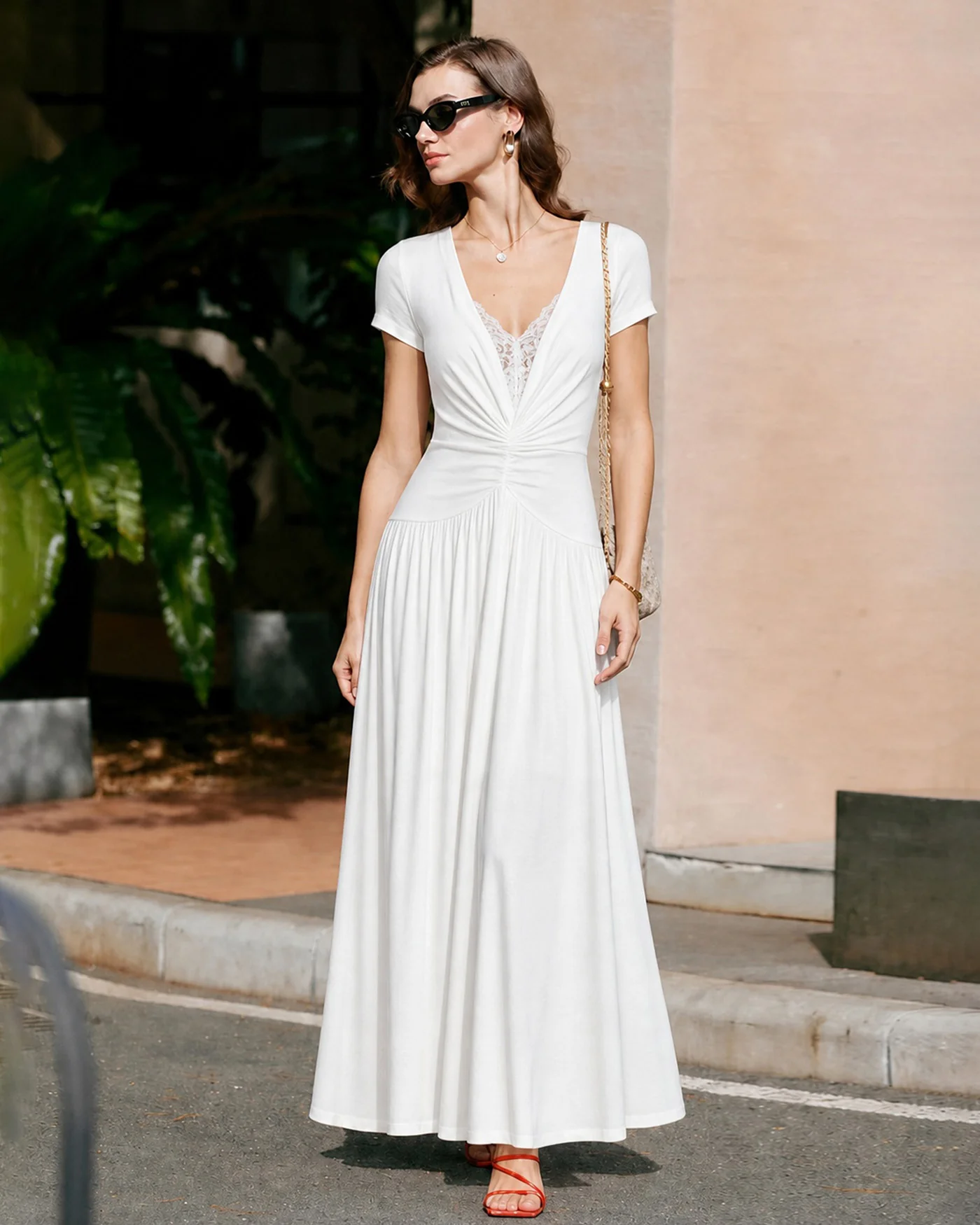 White V Neck Lace Splicing Maxi Dress - Image 2