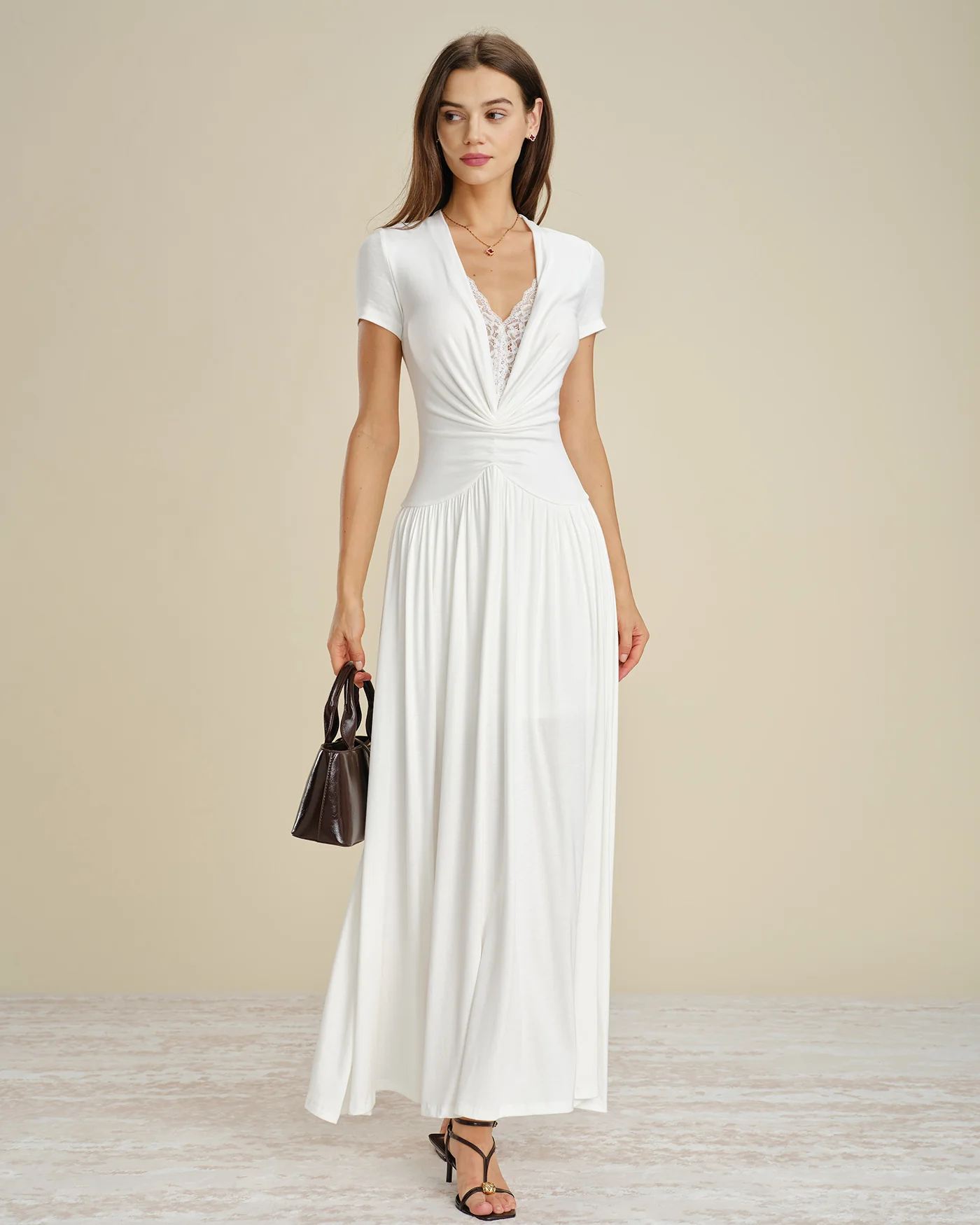 White V Neck Lace Splicing Maxi Dress - Image 5