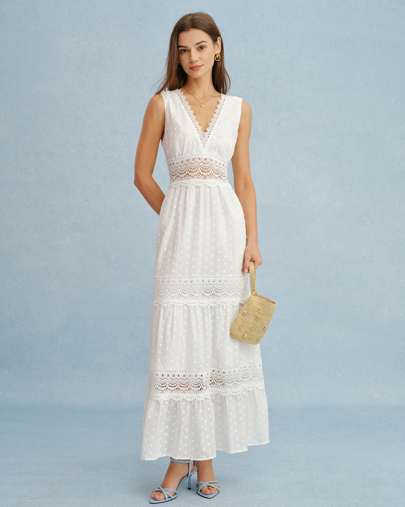 White V Neck Splicing Tie Maxi Dress