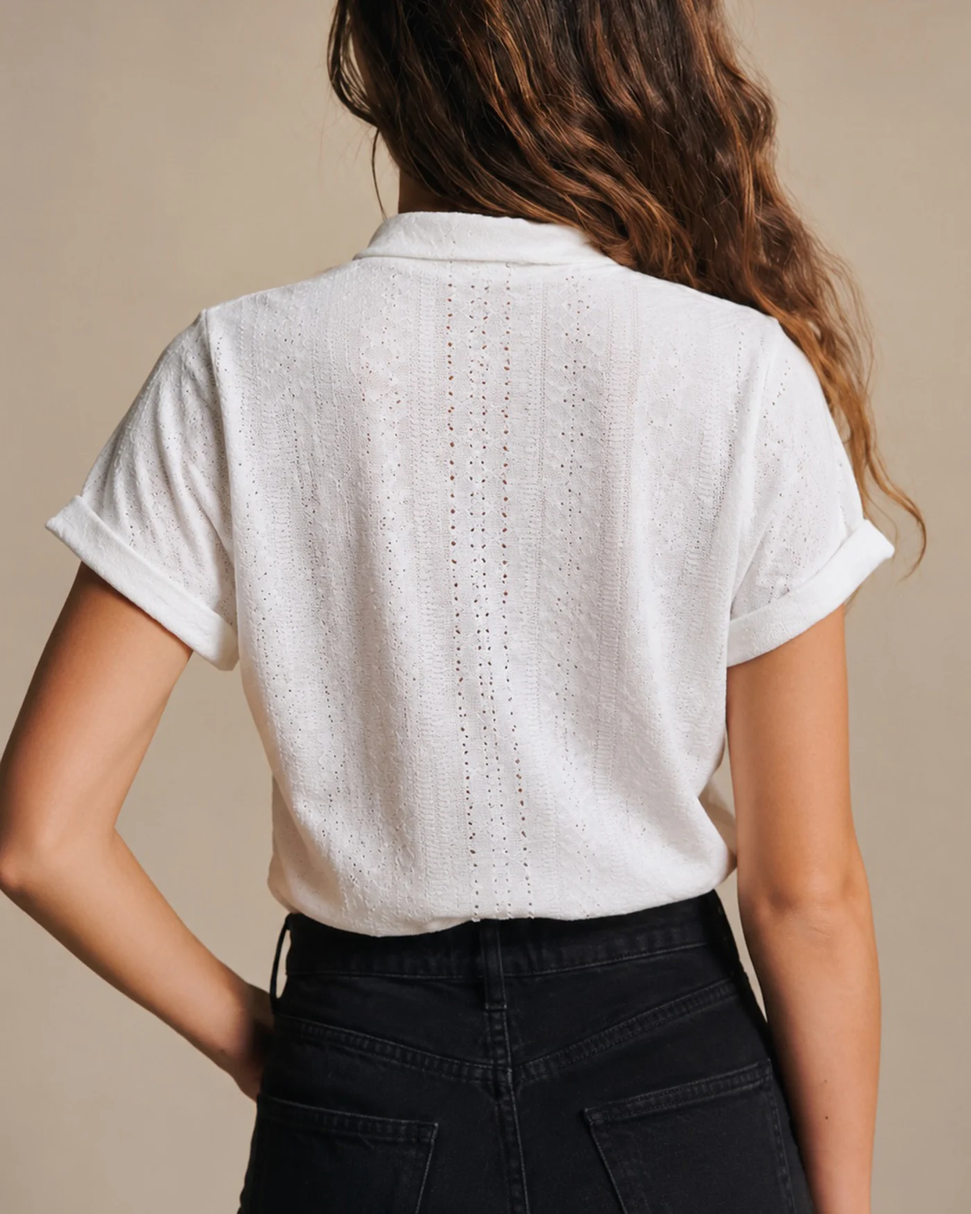 White V Neck Textured Cut Out Tee - Image 5