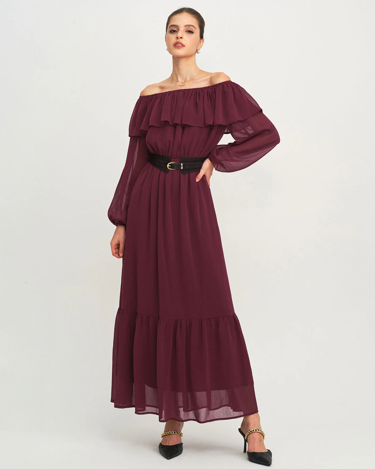 Wine Red Boat Neck Ruffle Maxi Dress - Image 2
