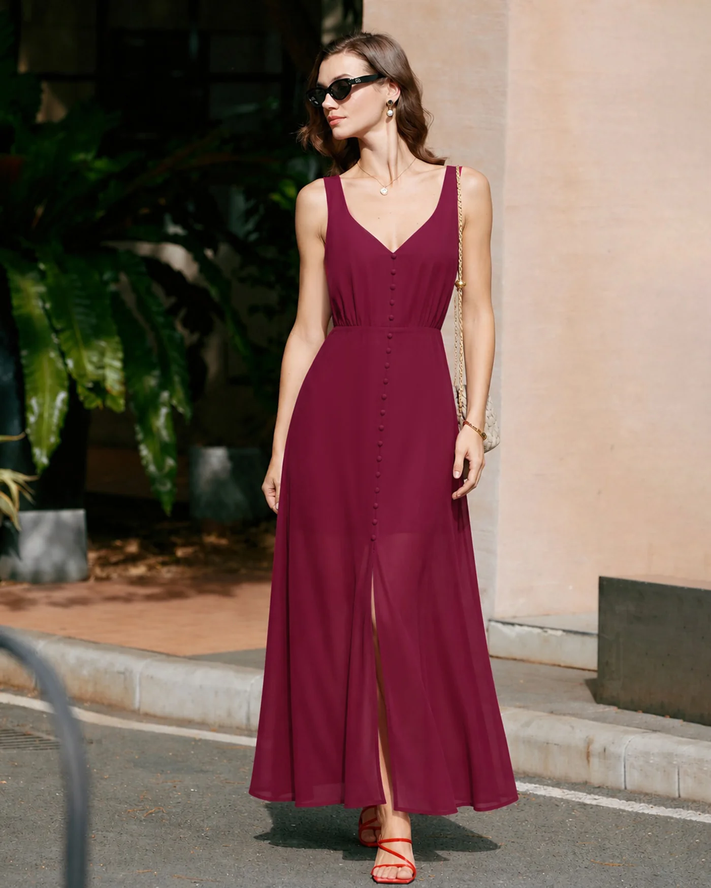 Wine Red Button Slit Chiffon Maxi Dress - Image 2