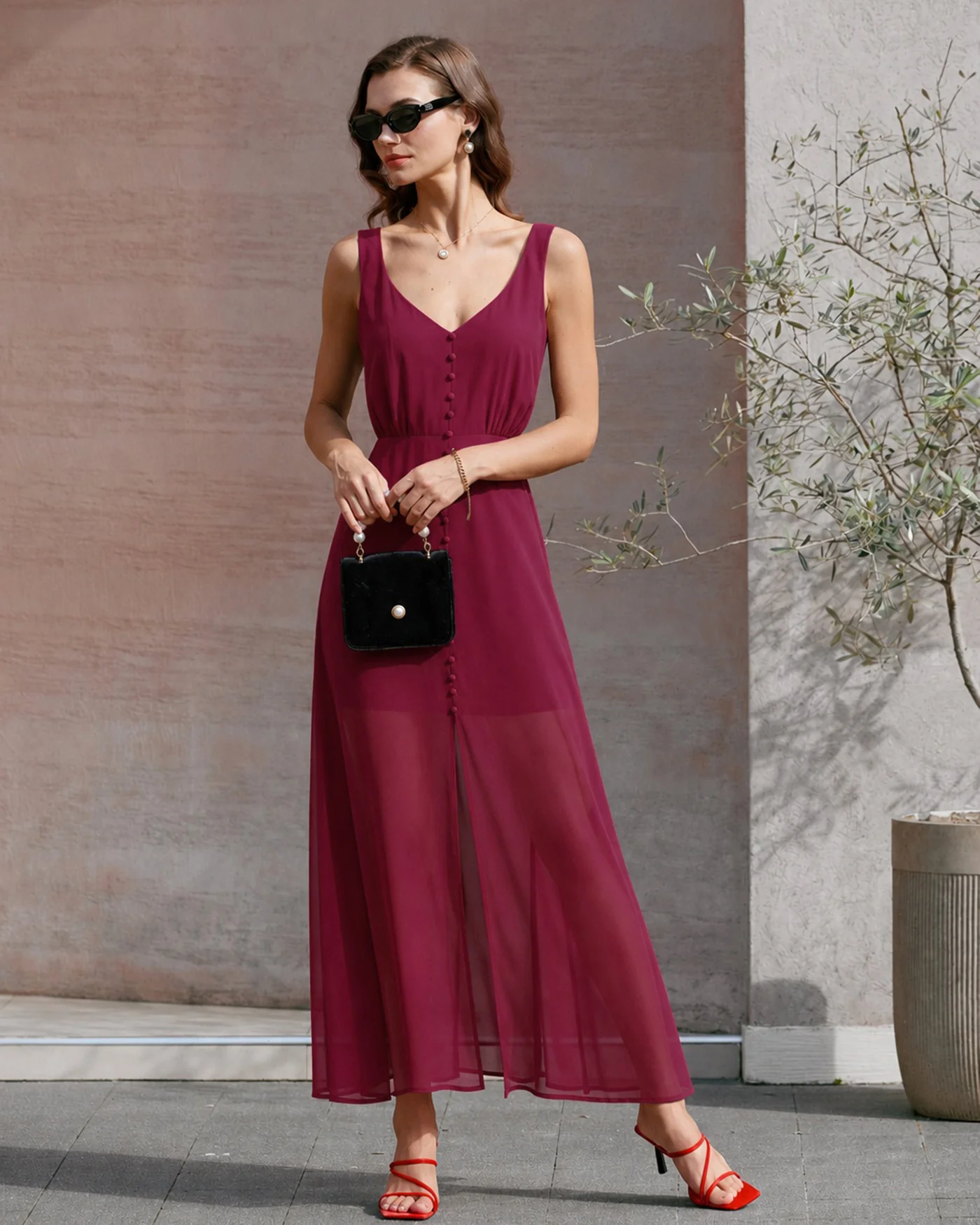 Wine Red Button Slit Chiffon Maxi Dress - Image 3