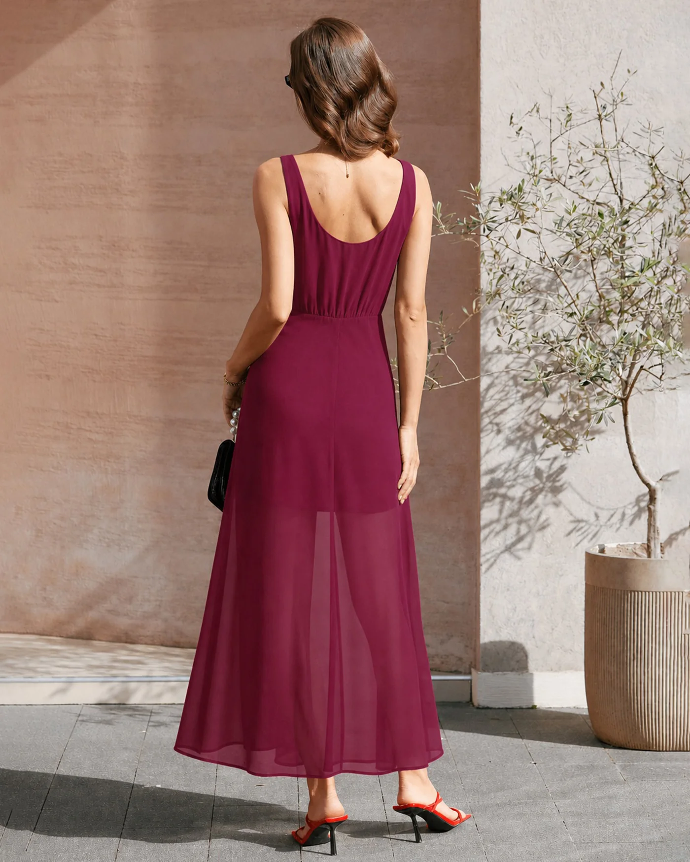 Wine Red Button Slit Chiffon Maxi Dress - Image 4