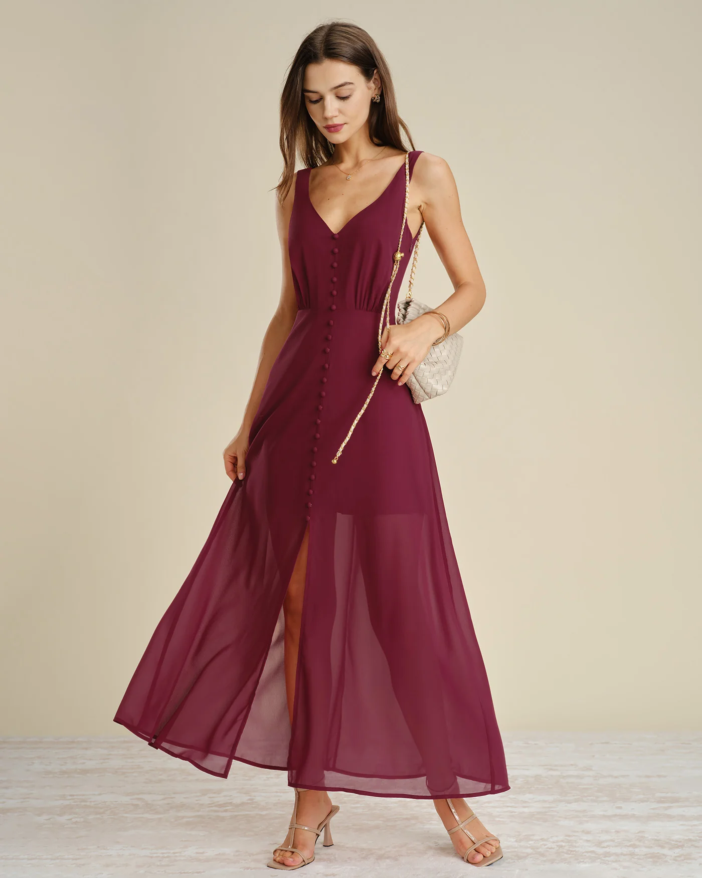 Wine Red Button Slit Chiffon Maxi Dress - Image 7