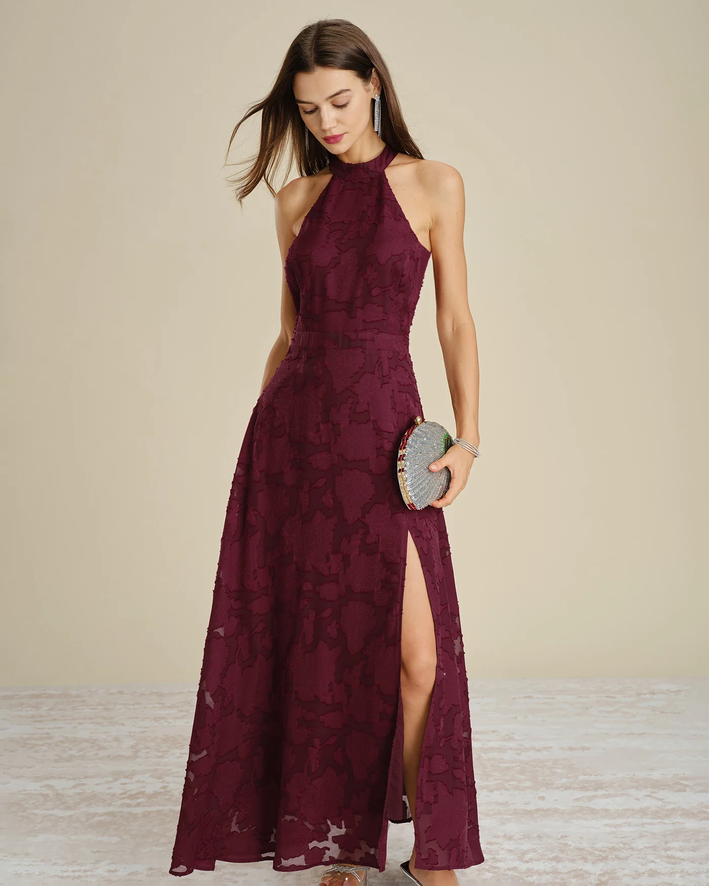 Wine Red Mock Neck Jacquard Maxi Dress - Image 3