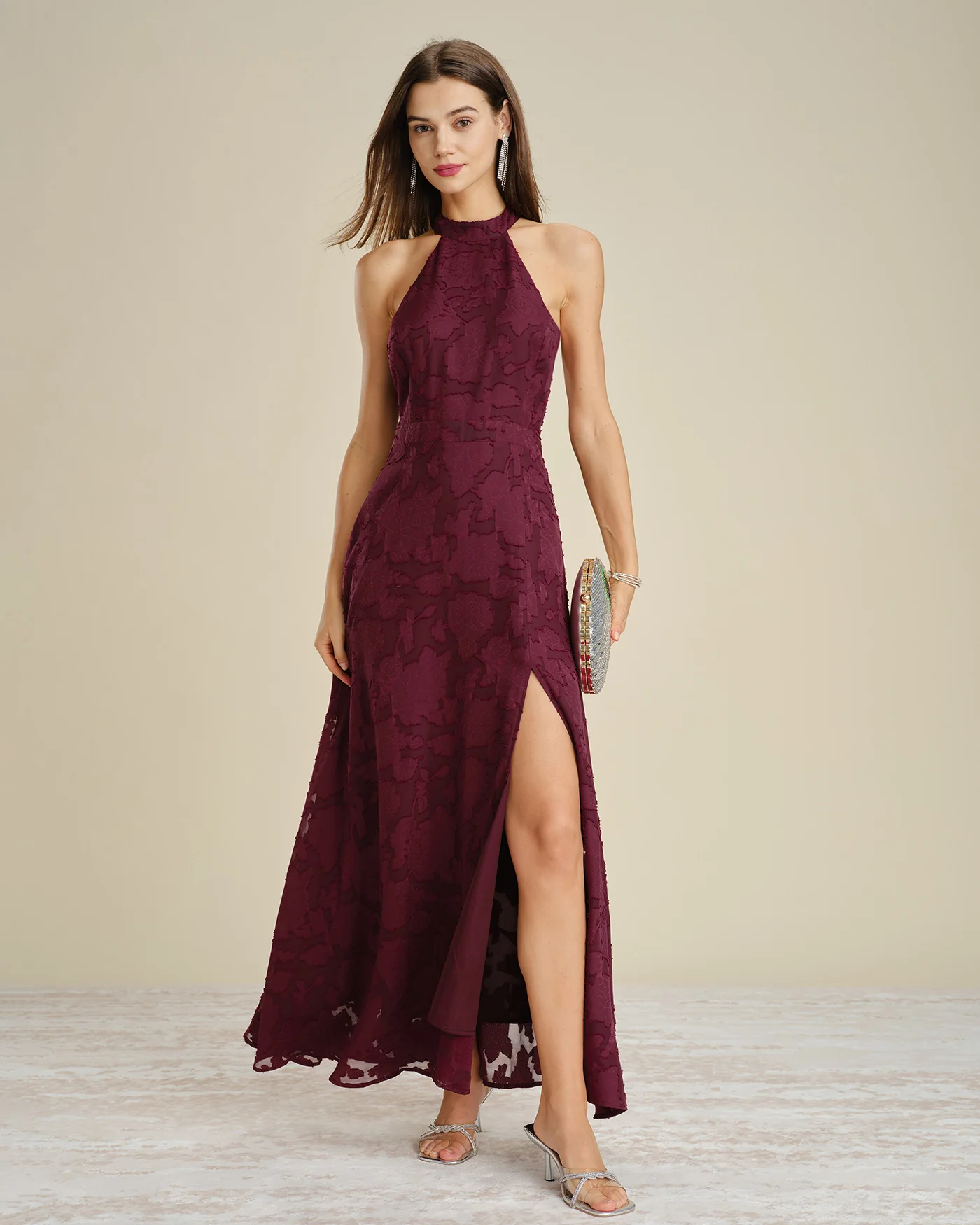 Wine Red Mock Neck Jacquard Maxi Dress - Image 4