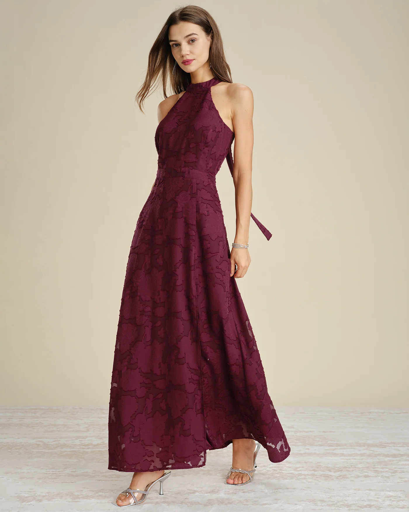 Wine Red Mock Neck Jacquard Maxi Dress - Image 5