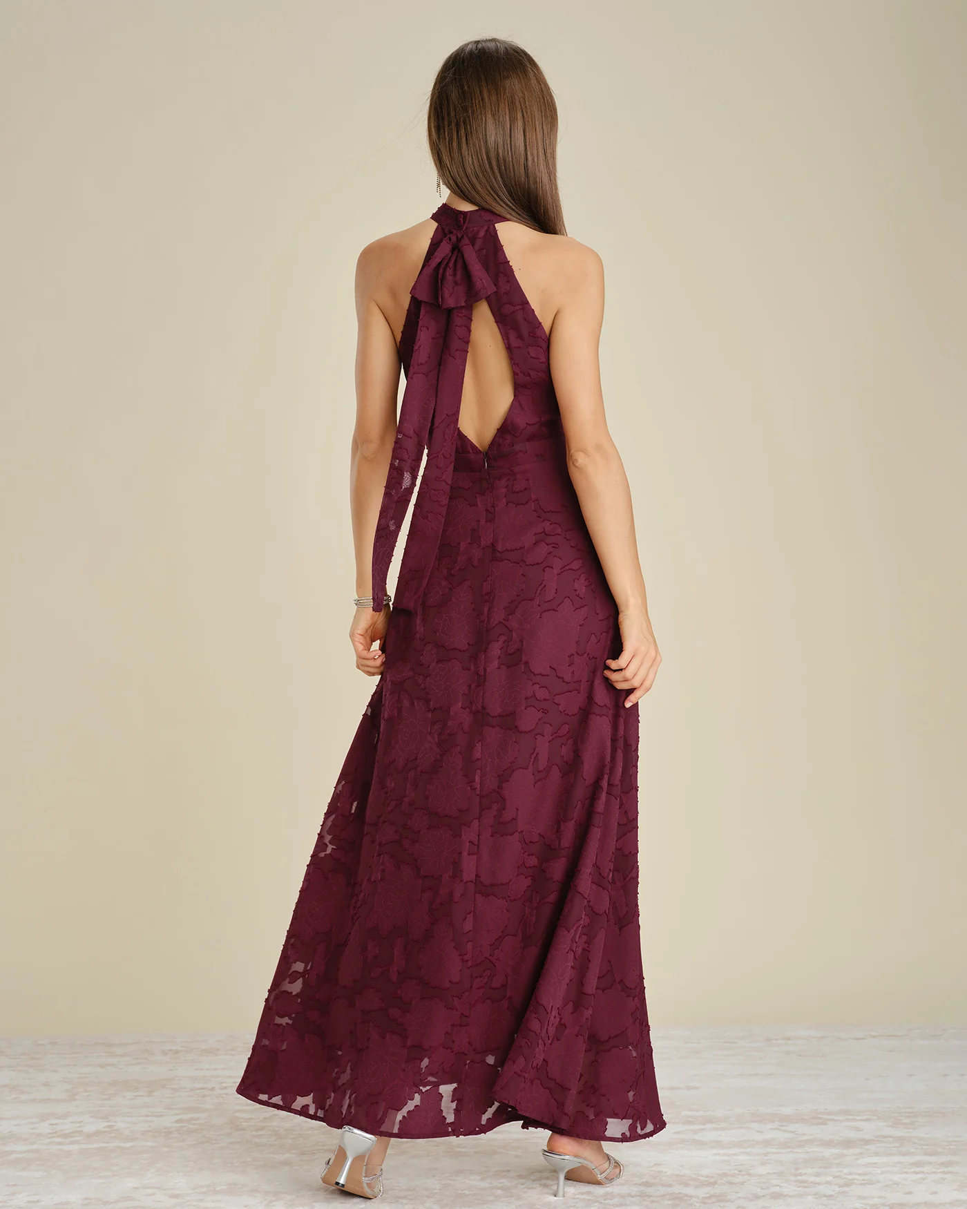 Wine Red Mock Neck Jacquard Maxi Dress - Image 6
