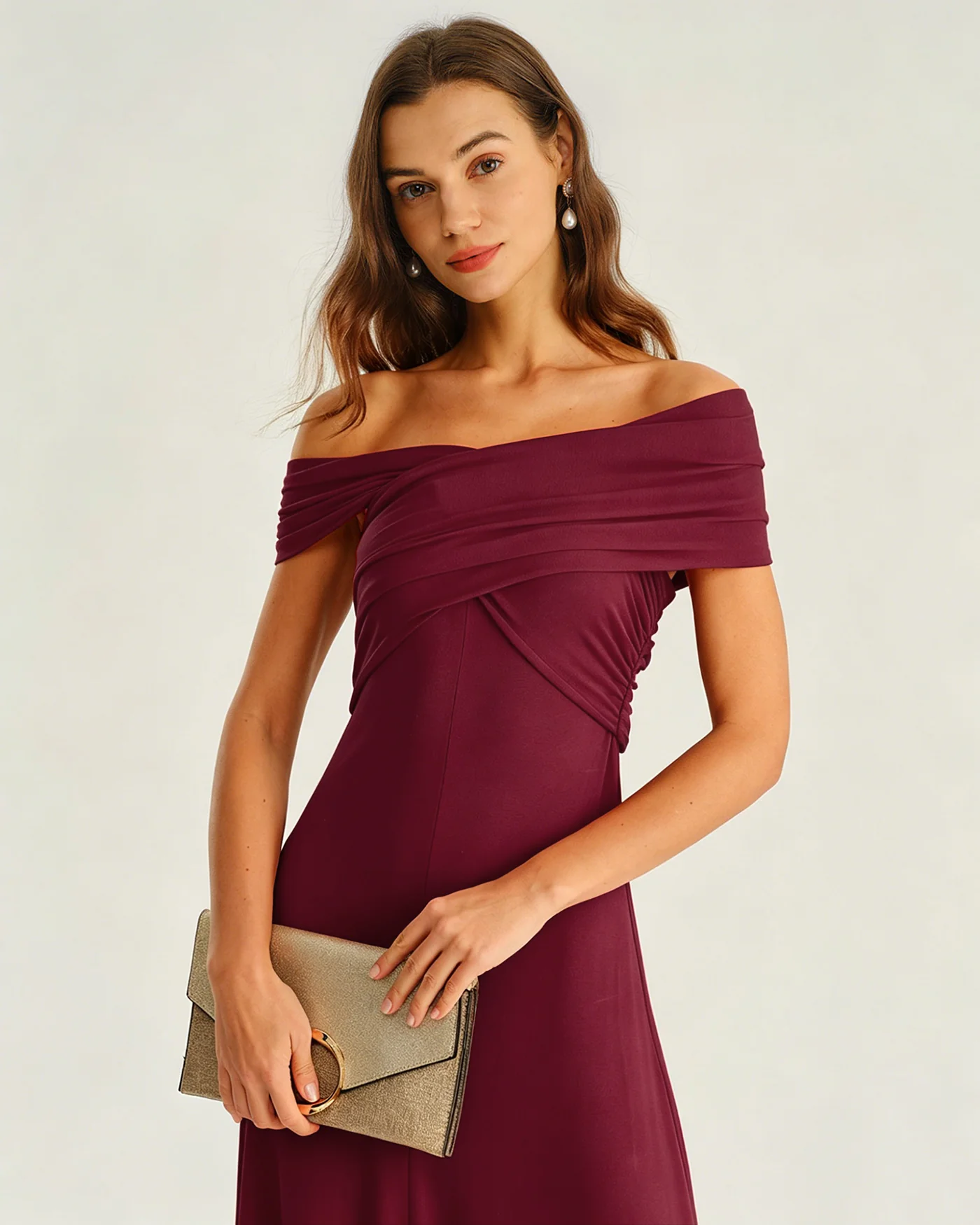 Wine Red One shoulder Ruched Midi Dress - Image 2