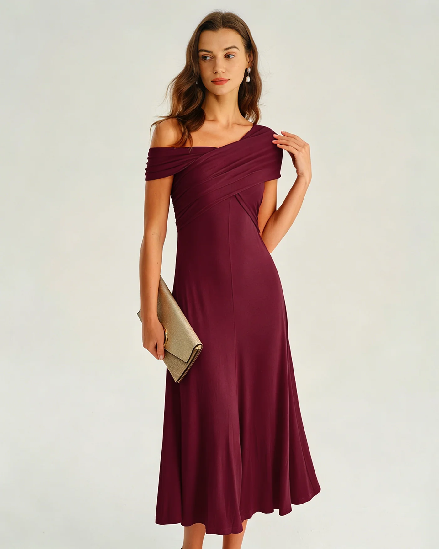 Wine Red One shoulder Ruched Midi Dress - Image 3