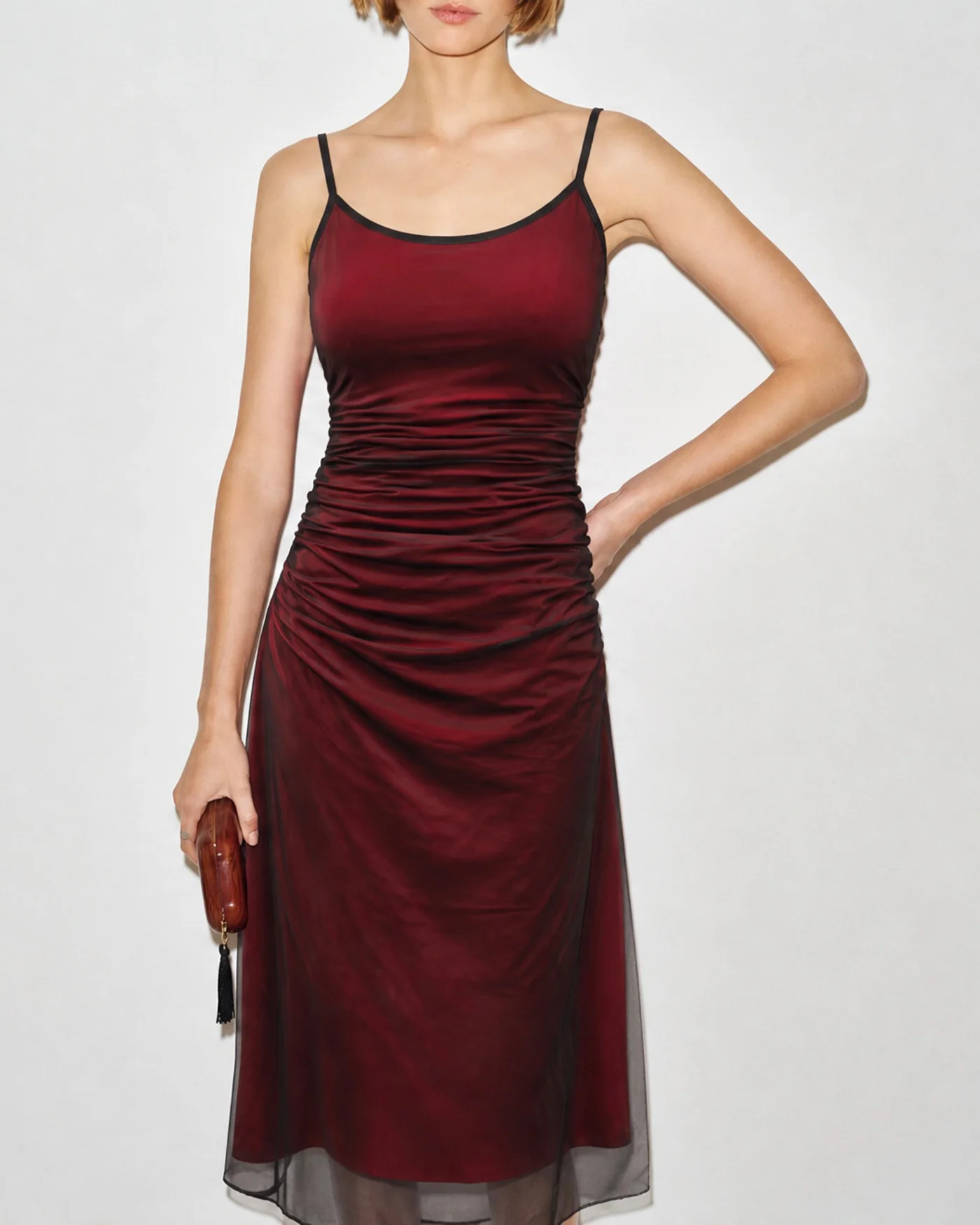 Wine Red Ruched Slip A-Line Midi Dress - Image 2