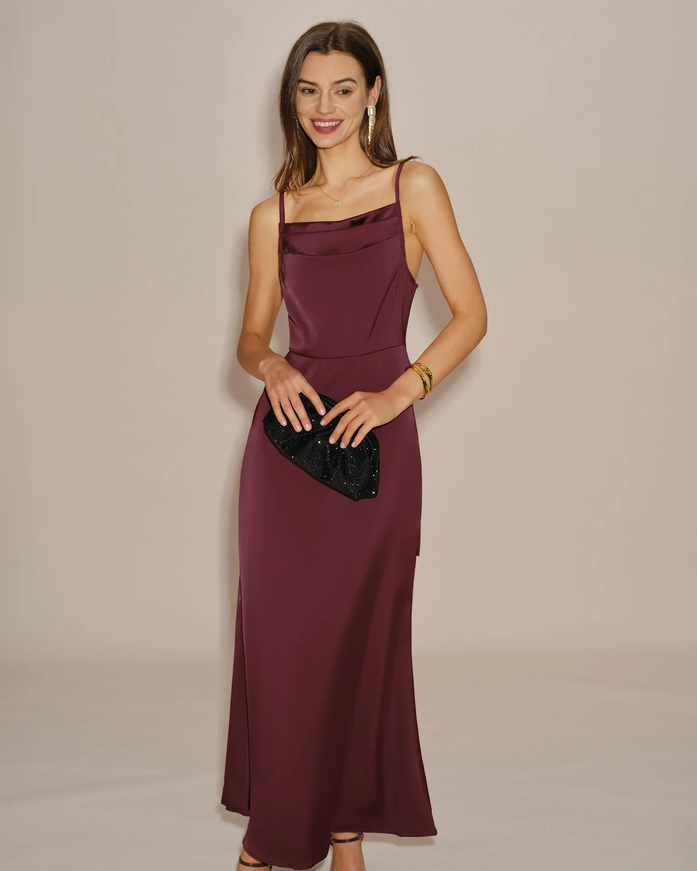 Wine Red Solid Tie Slip Maxi Dress