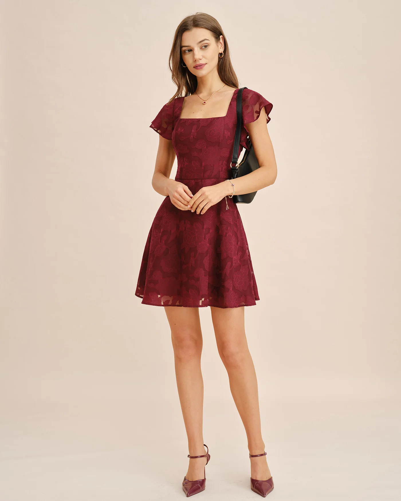 Wine Red Square Neck Jacquard Mini Dress - Image 4