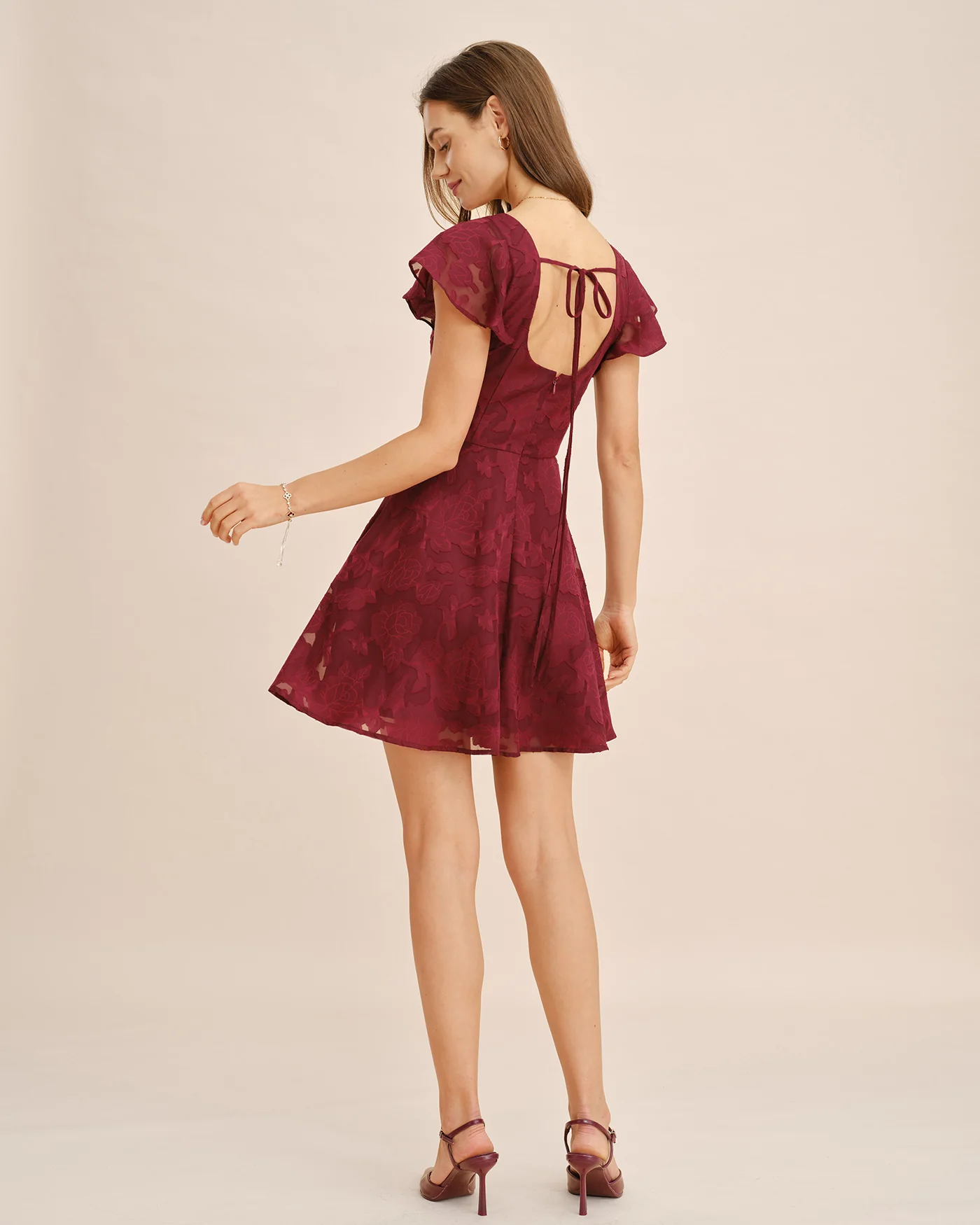Wine Red Square Neck Jacquard Mini Dress - Image 5