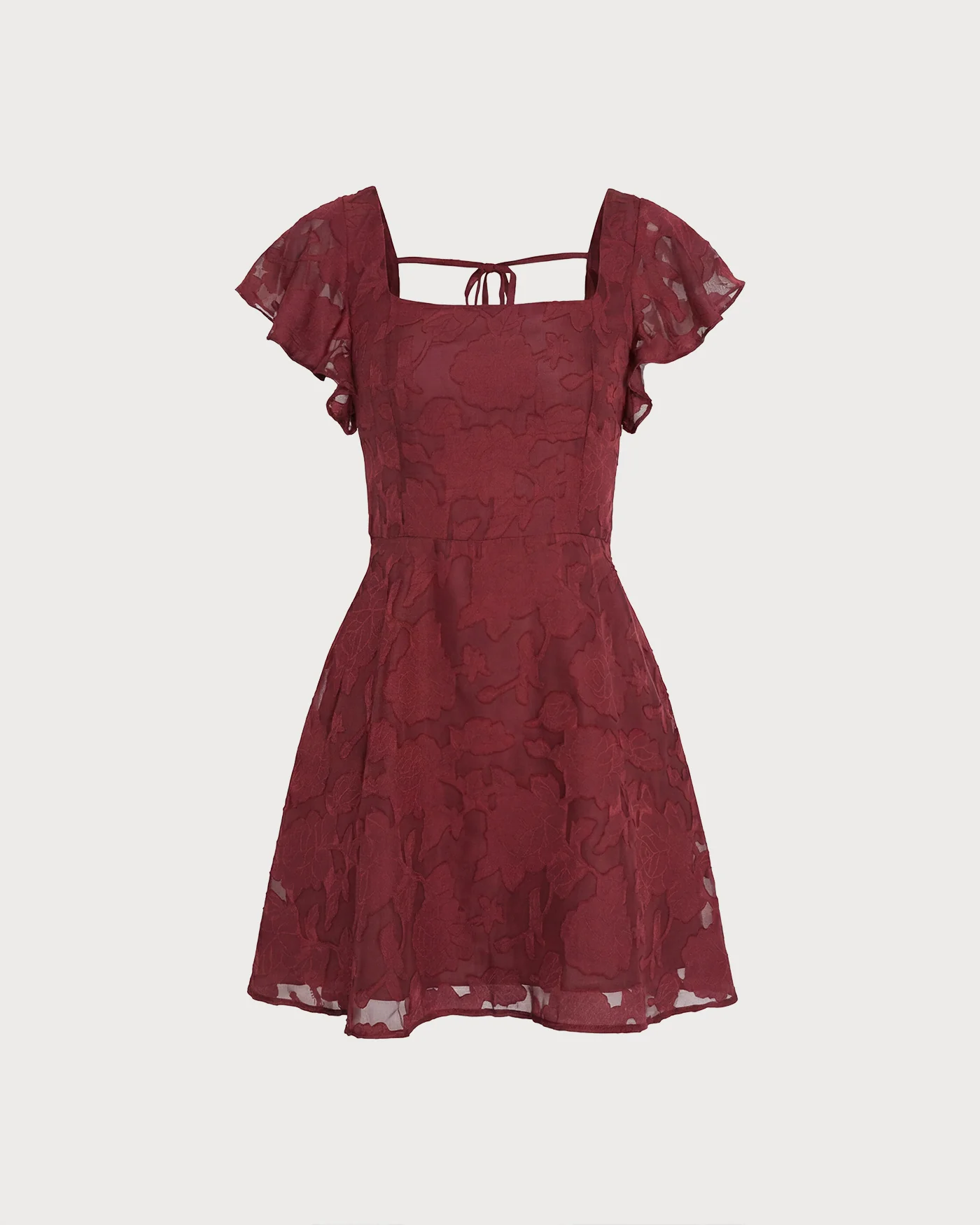 Wine Red Square Neck Jacquard Mini Dress - Image 6