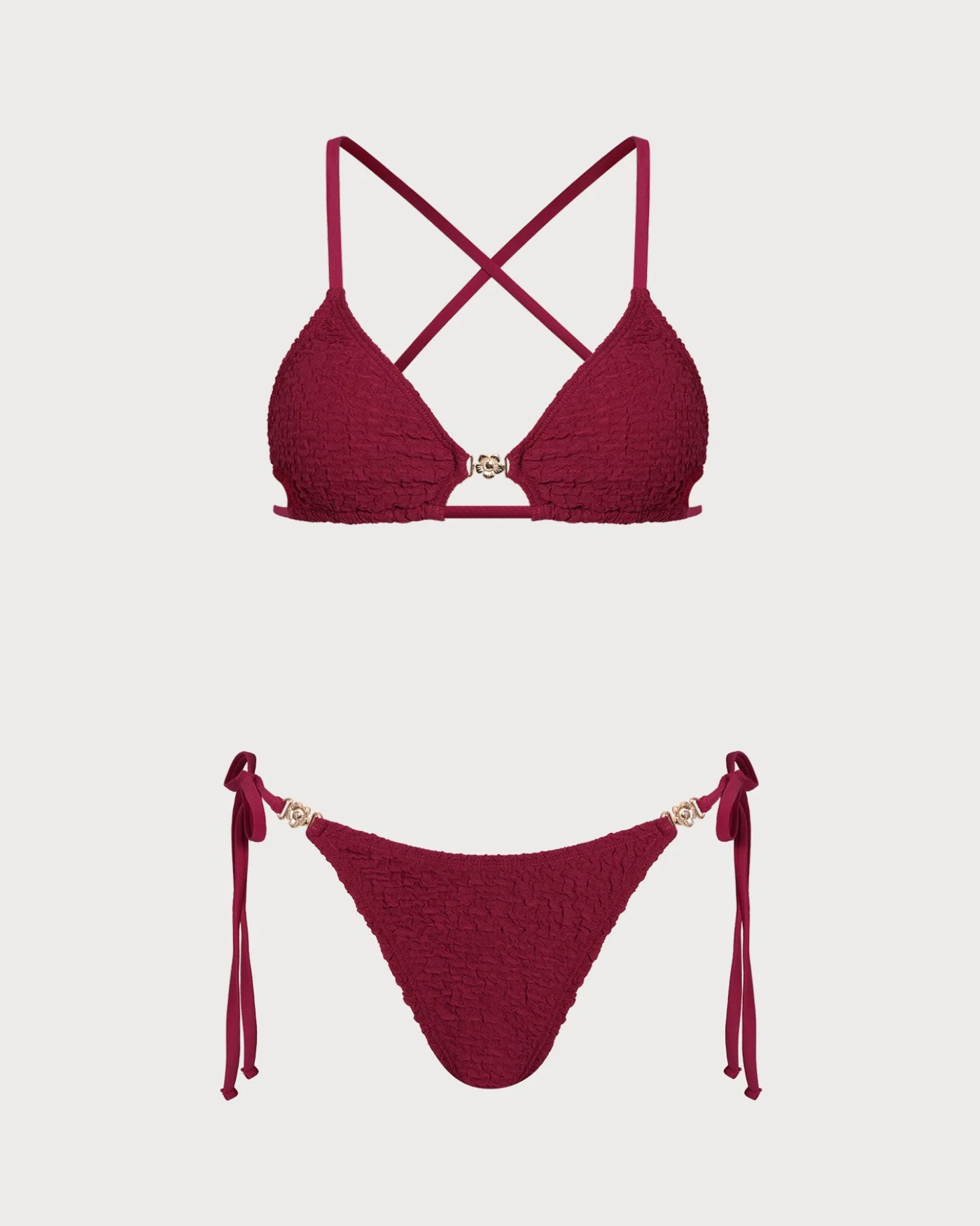 Wine Red Textured Drawstring Bikini Set - Image 2