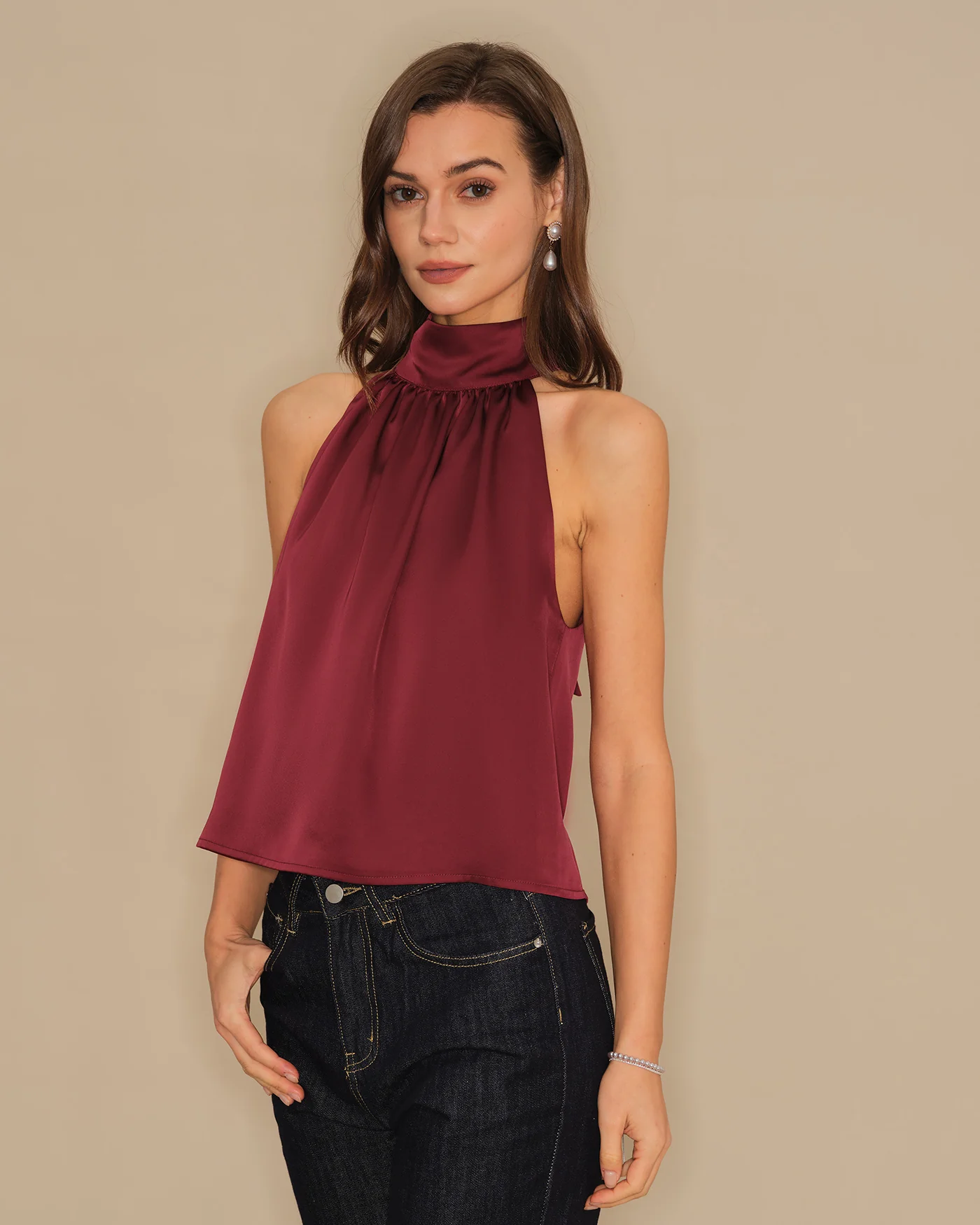 Wine Red Turtle Bowknot Satin Tank Top - Image 3