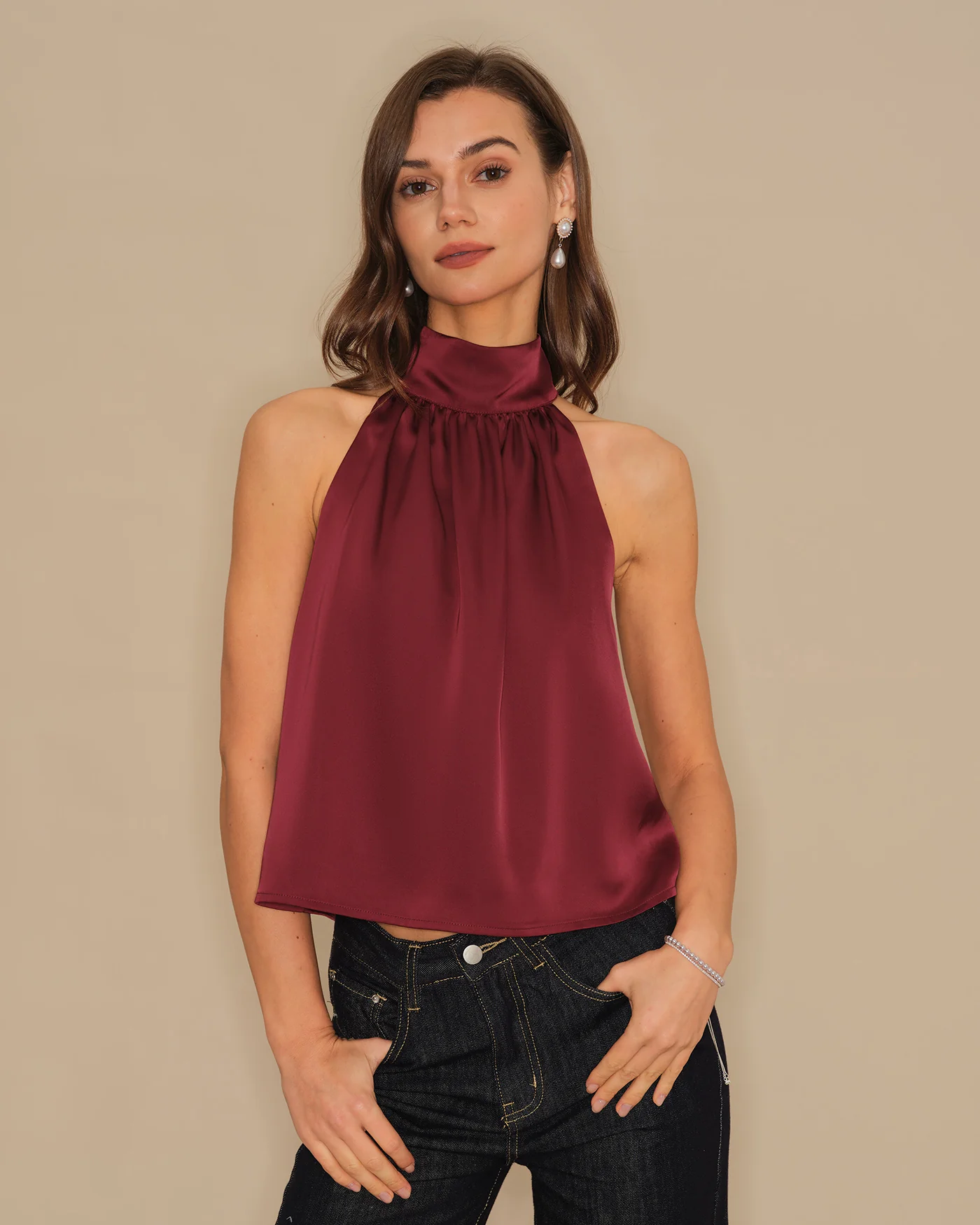 Wine Red Turtle Bowknot Satin Tank Top - Image 5