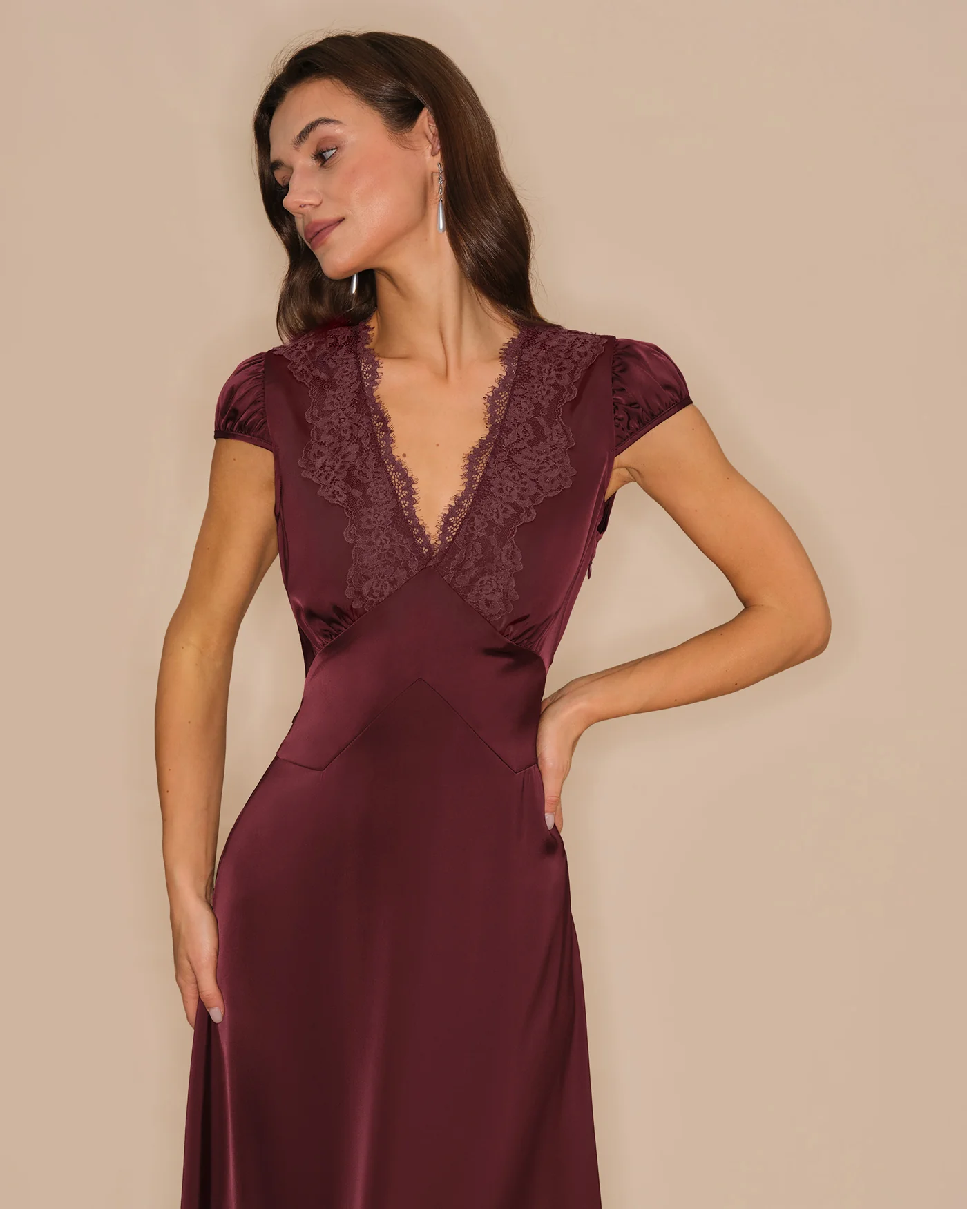 Wine Red V Neck Lace Maxi Dress - Image 2