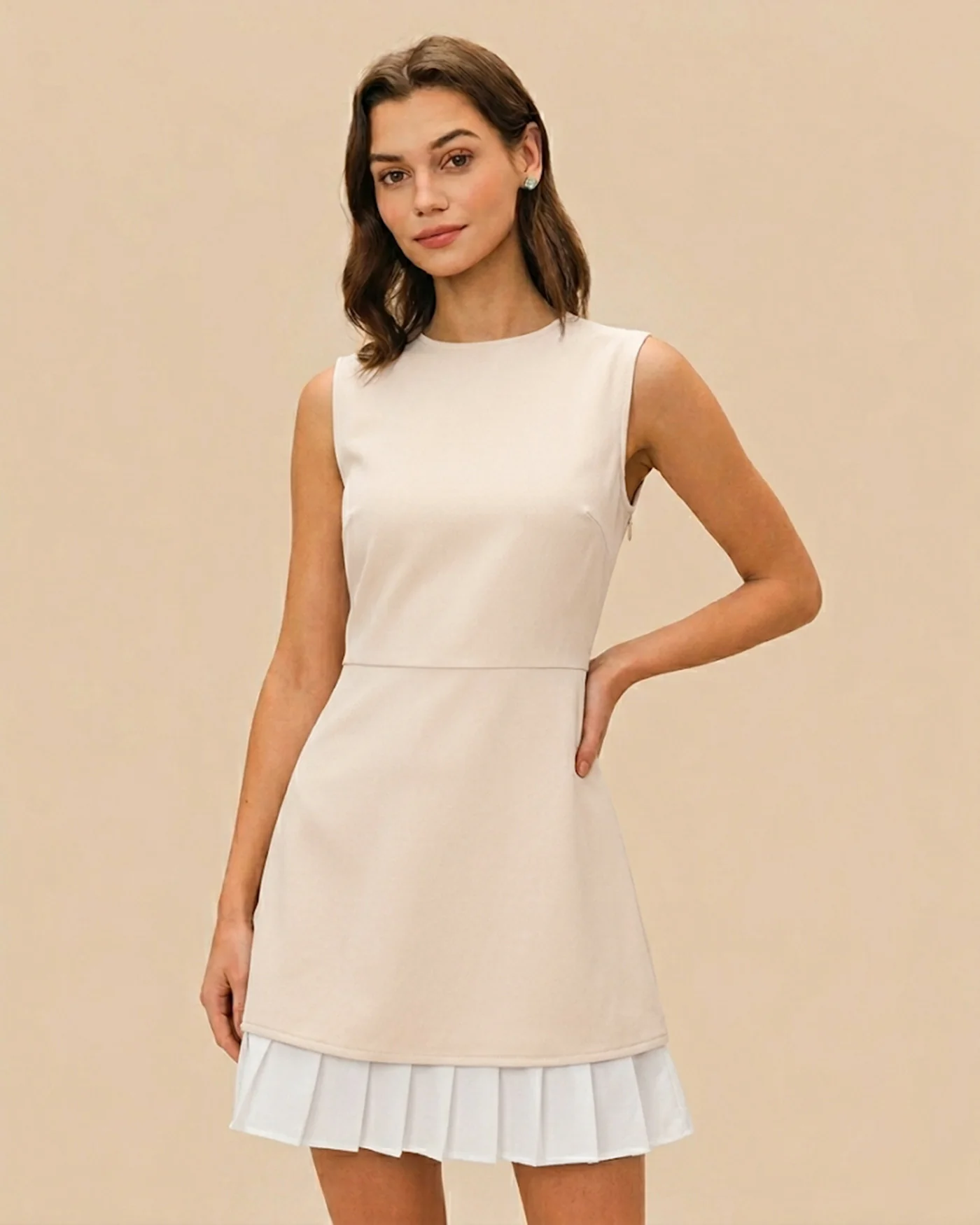 Women's Apricot Splicing Pleated Mini Dress