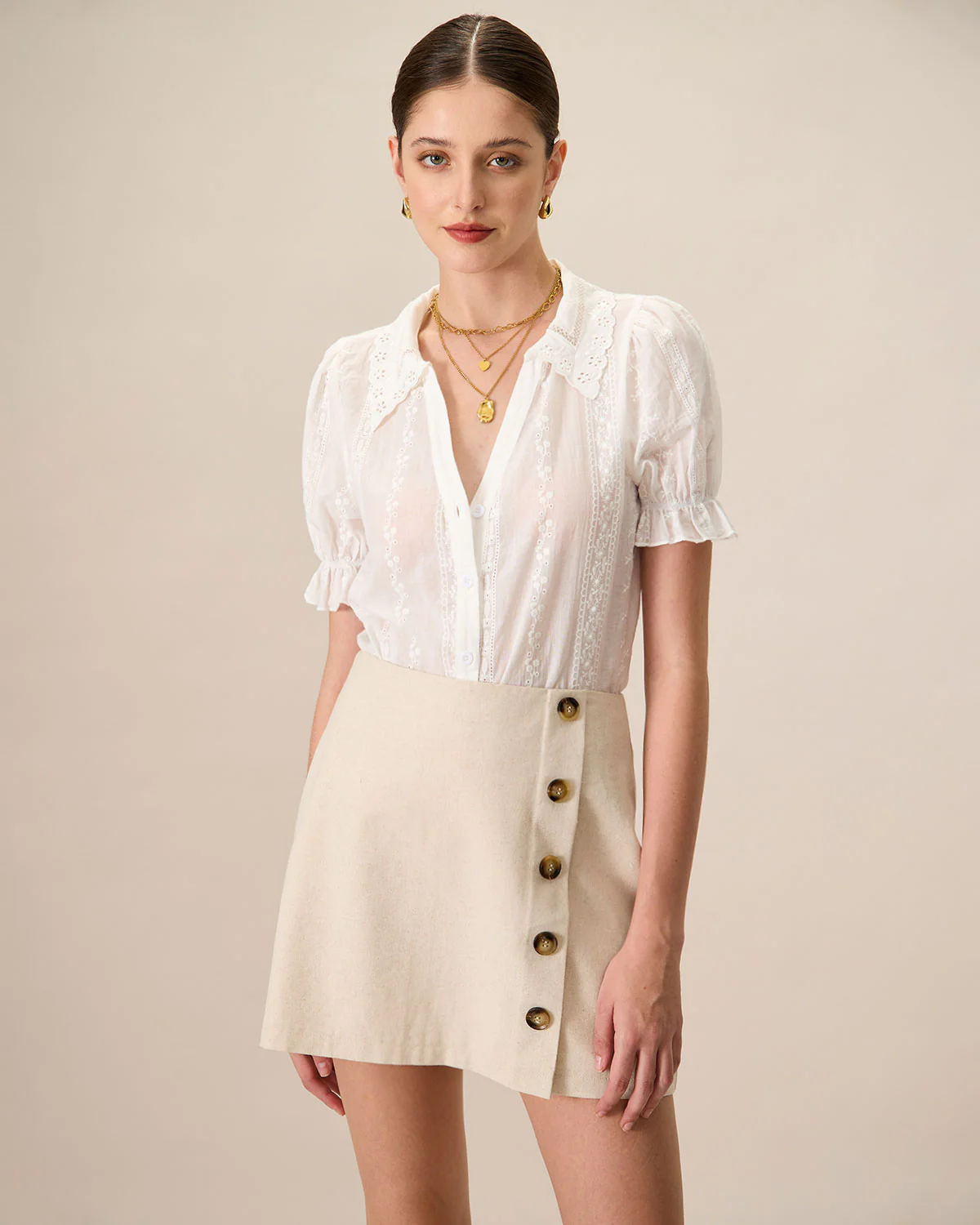 Women's Beige High-Waisted Cotton Button Mini Skirt - Image 2