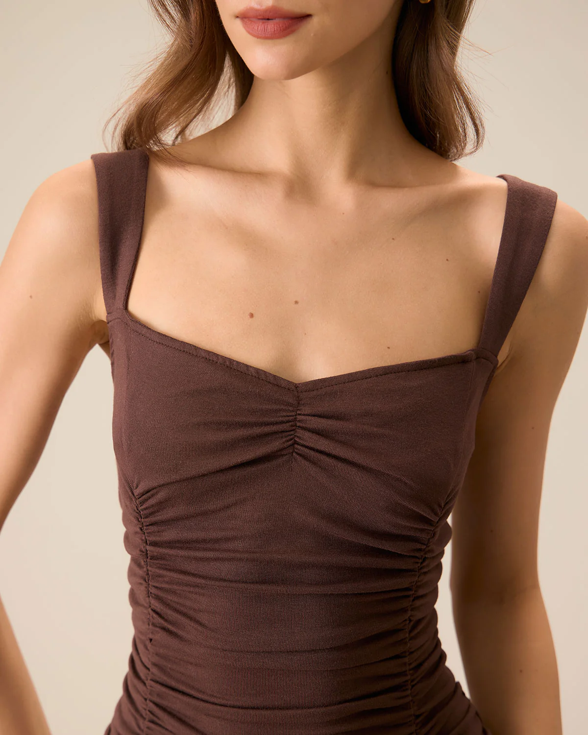 Women's Coffee Ruched Knitted Slip Midi Dress - Image 2