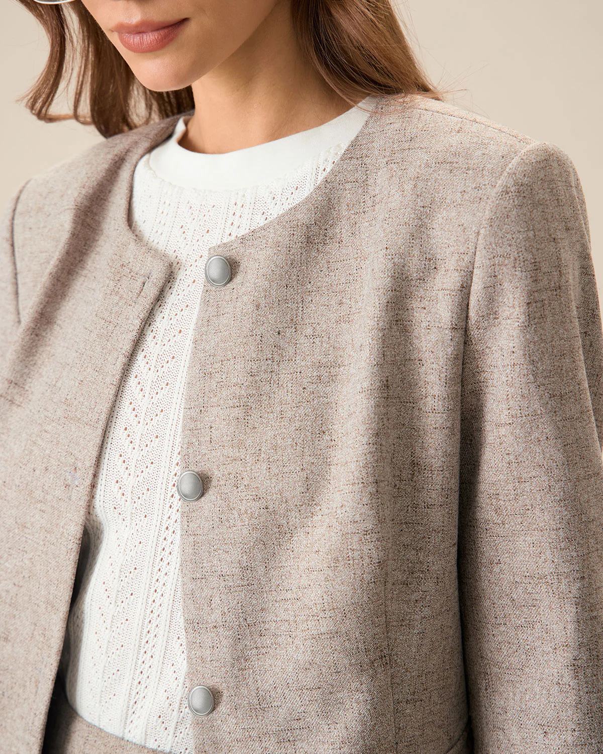 Round Neck Khaki Single-Breasted Jacket - Image 2