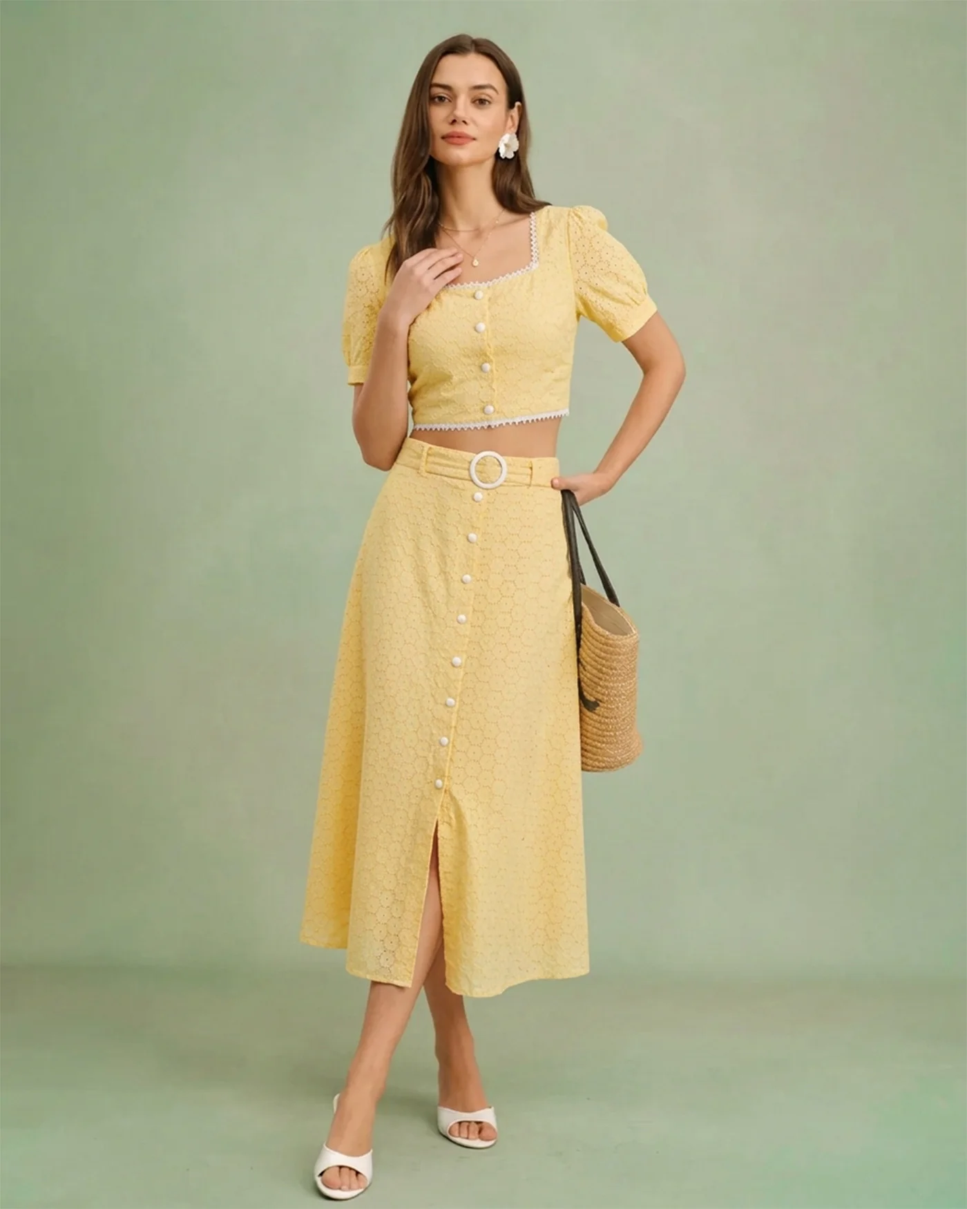 Yellow Embroidery Button Midi Skirt - Image 2