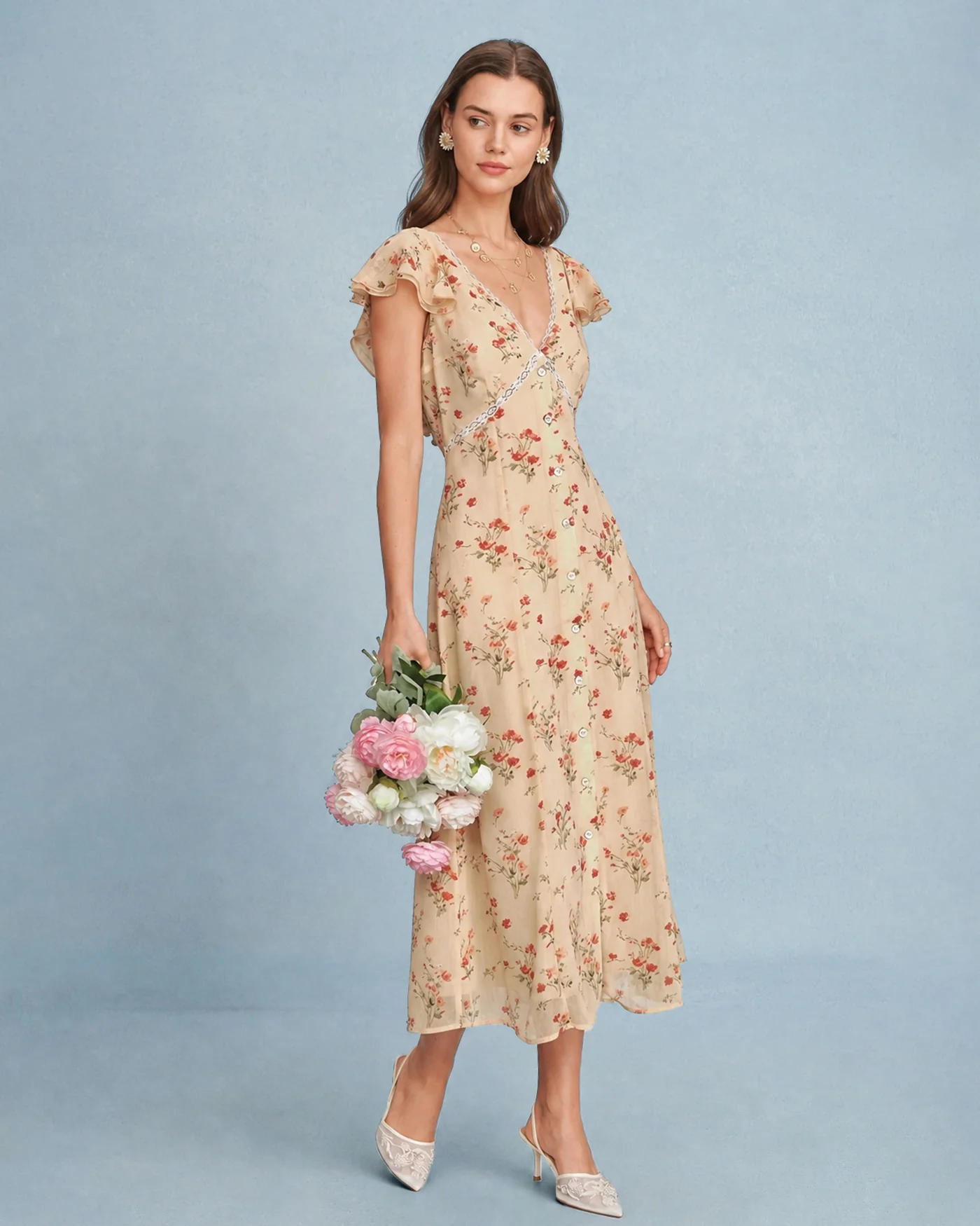 Yellow Butterfly Sleeve Tie Floral Midi Dress - Image 3