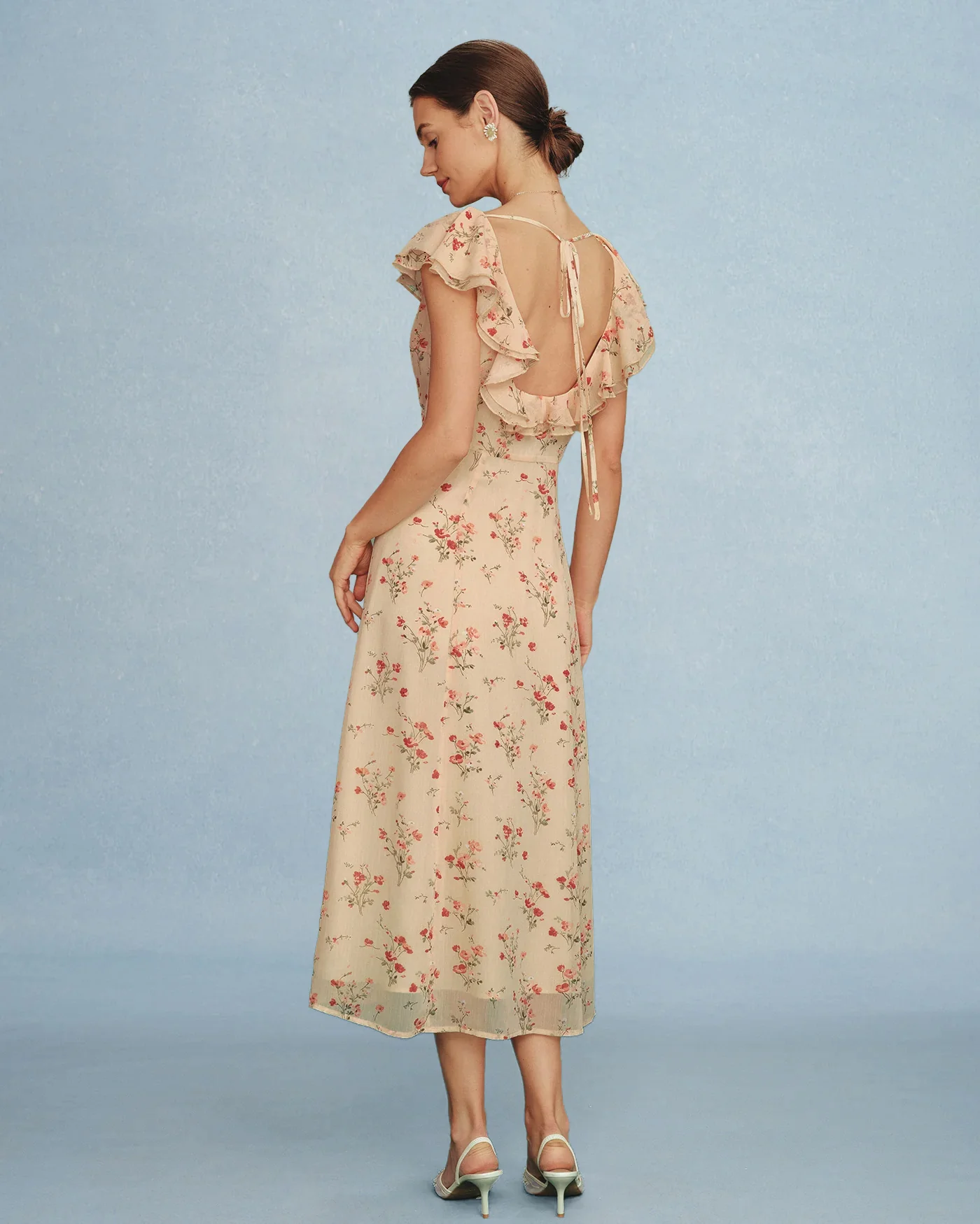 Yellow Butterfly Sleeve Tie Floral Midi Dress - Image 4
