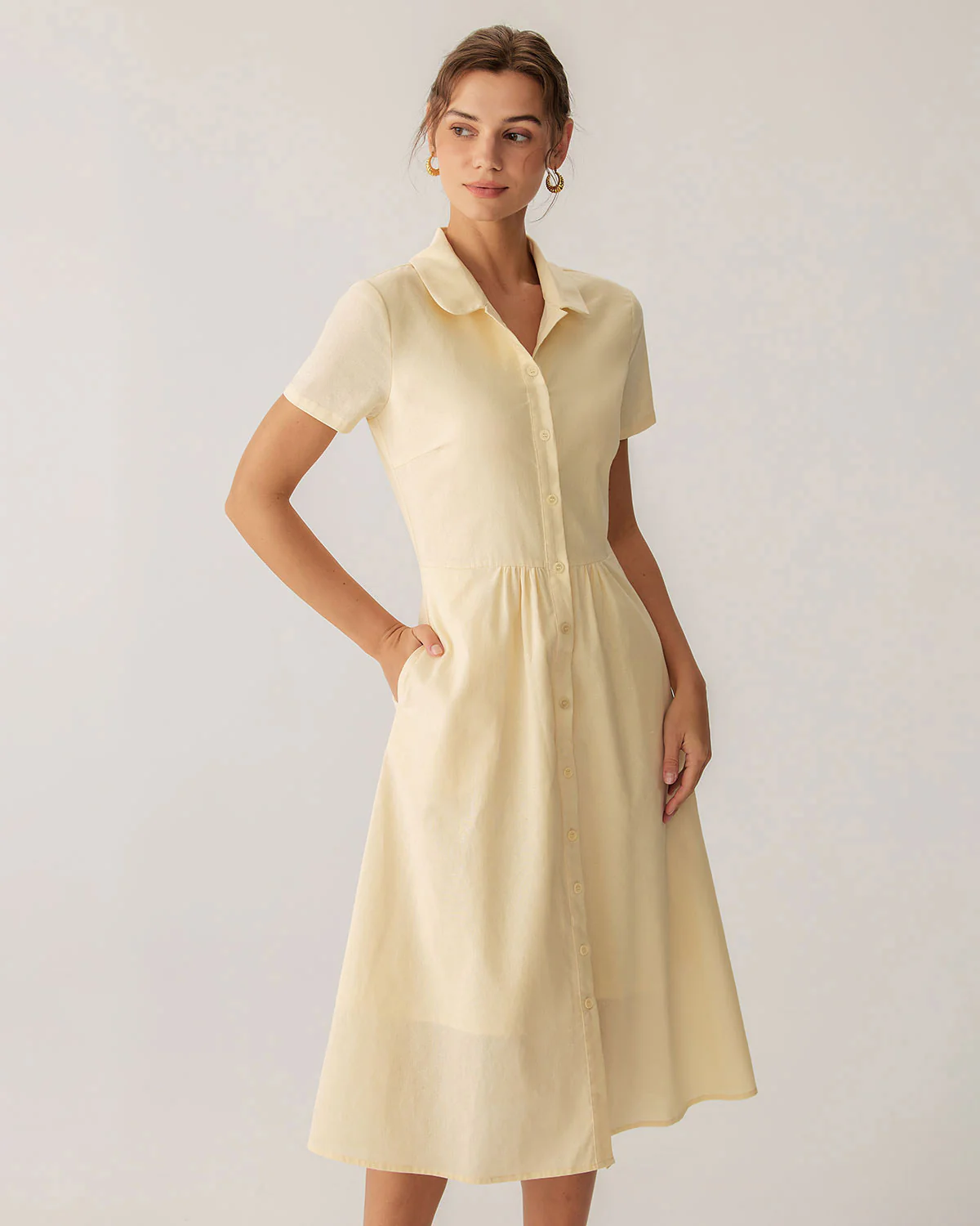 Yellow Button Short Sleeve Midi Dress