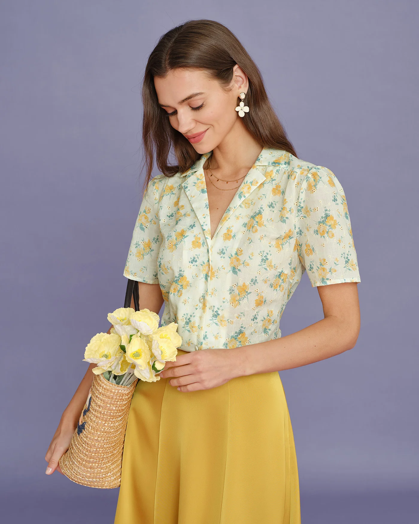 Yellow Collar Puffed Sleeve Floral Blouse