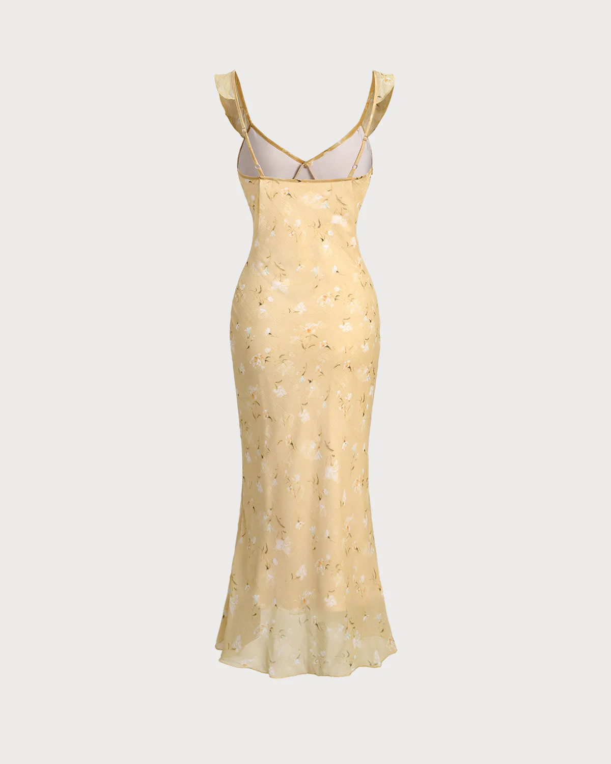 Yellow Floral Ruched Ruffle Midi Dress - Image 2