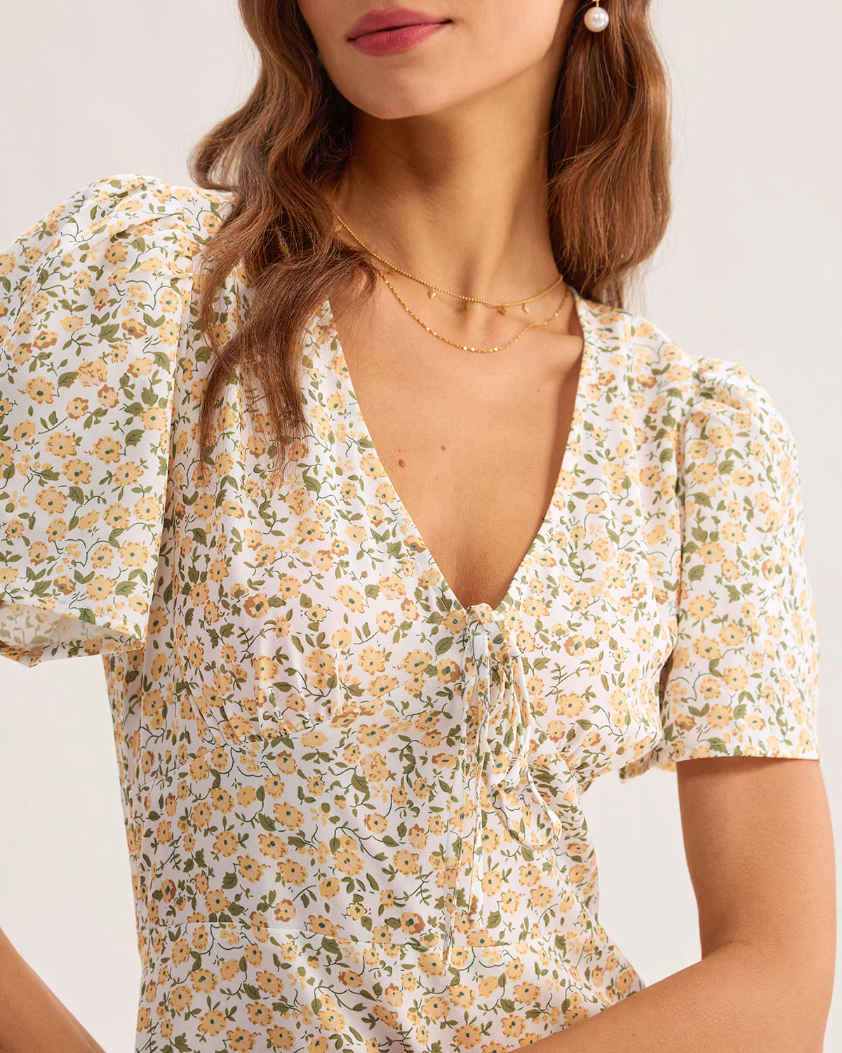 Yellow Floral V-Neck Mini Dress - Image 2