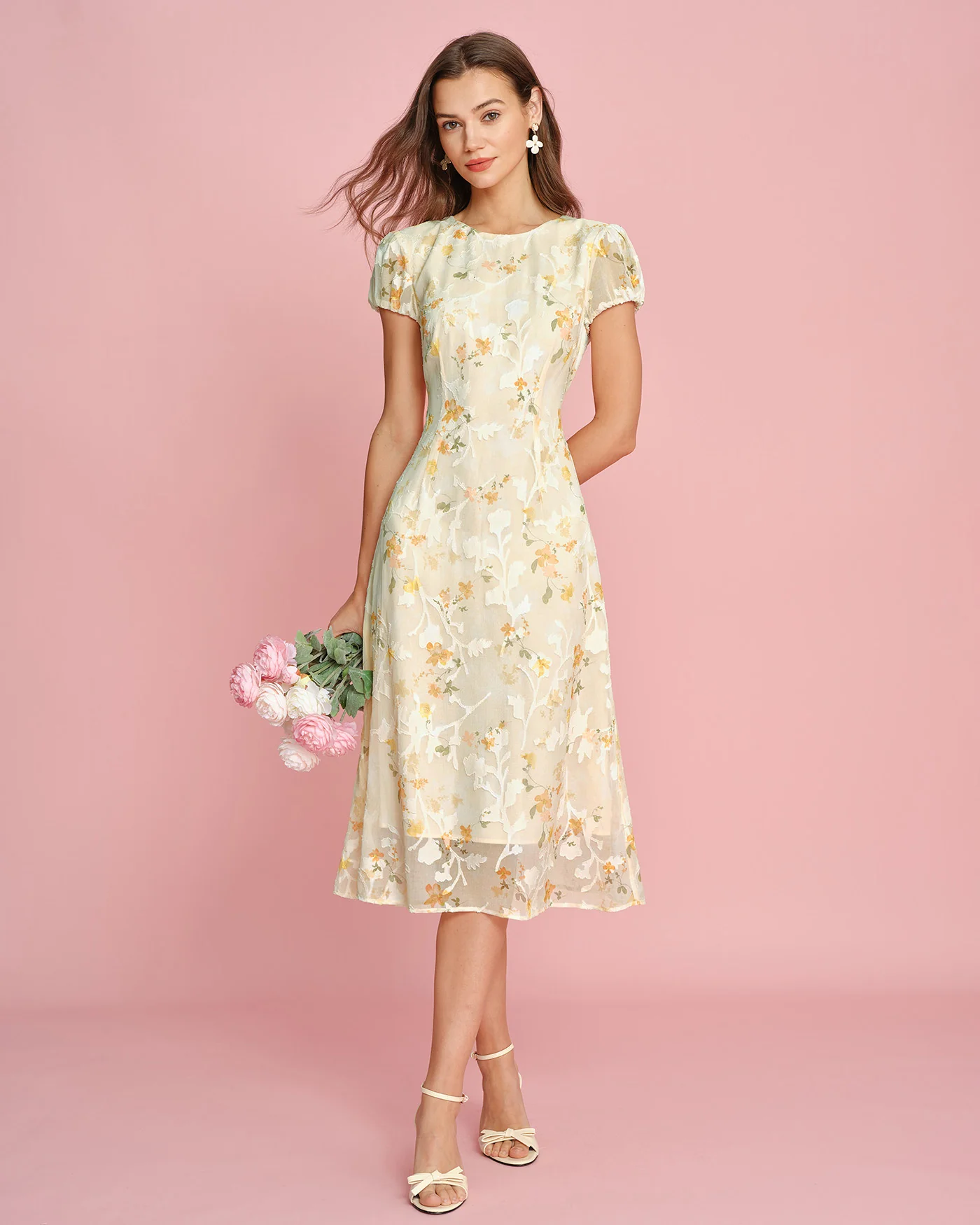 Yellow Puffed Sleeve Jacquard Midi Dress