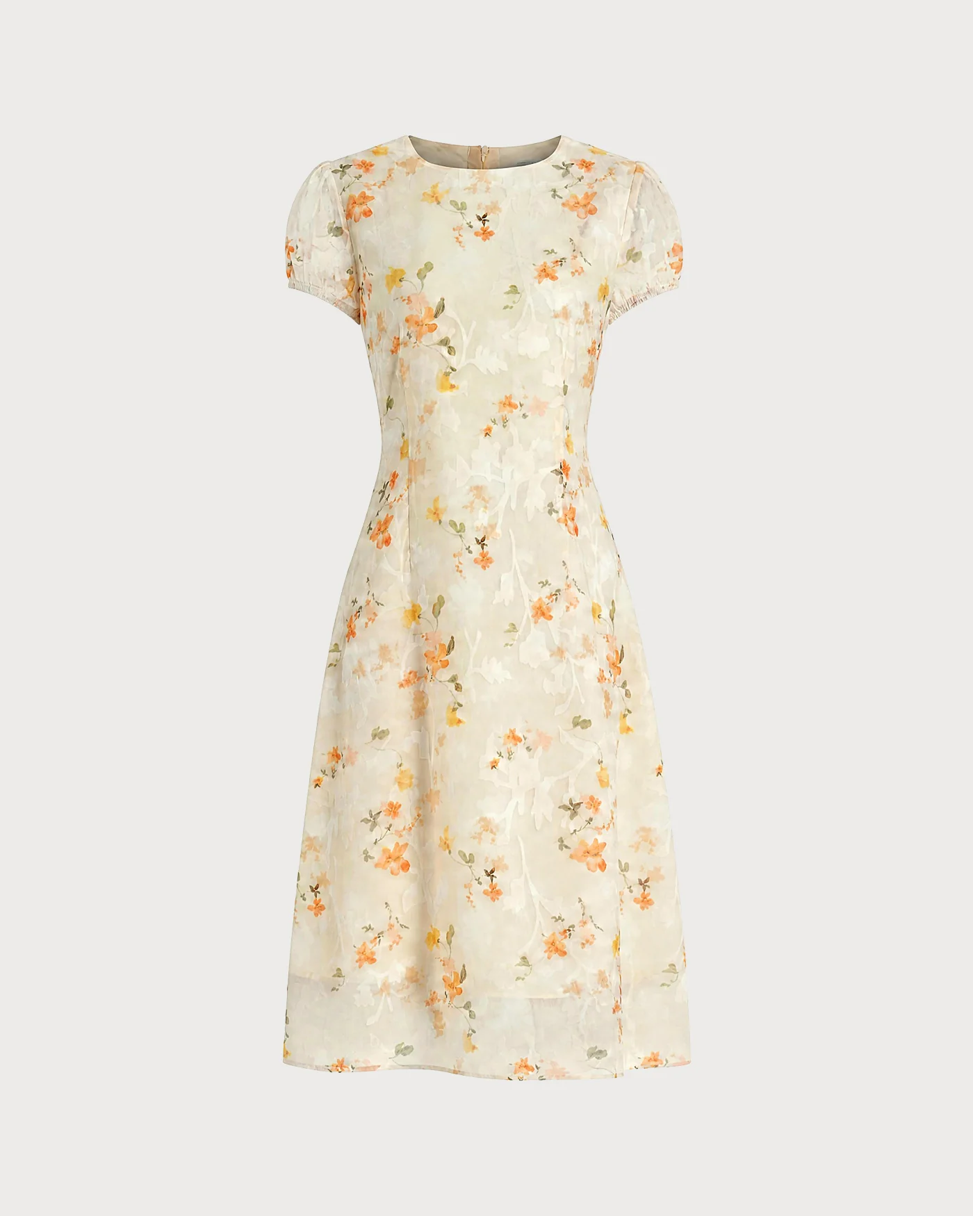 Yellow Puffed Sleeve Jacquard Midi Dress - Image 5