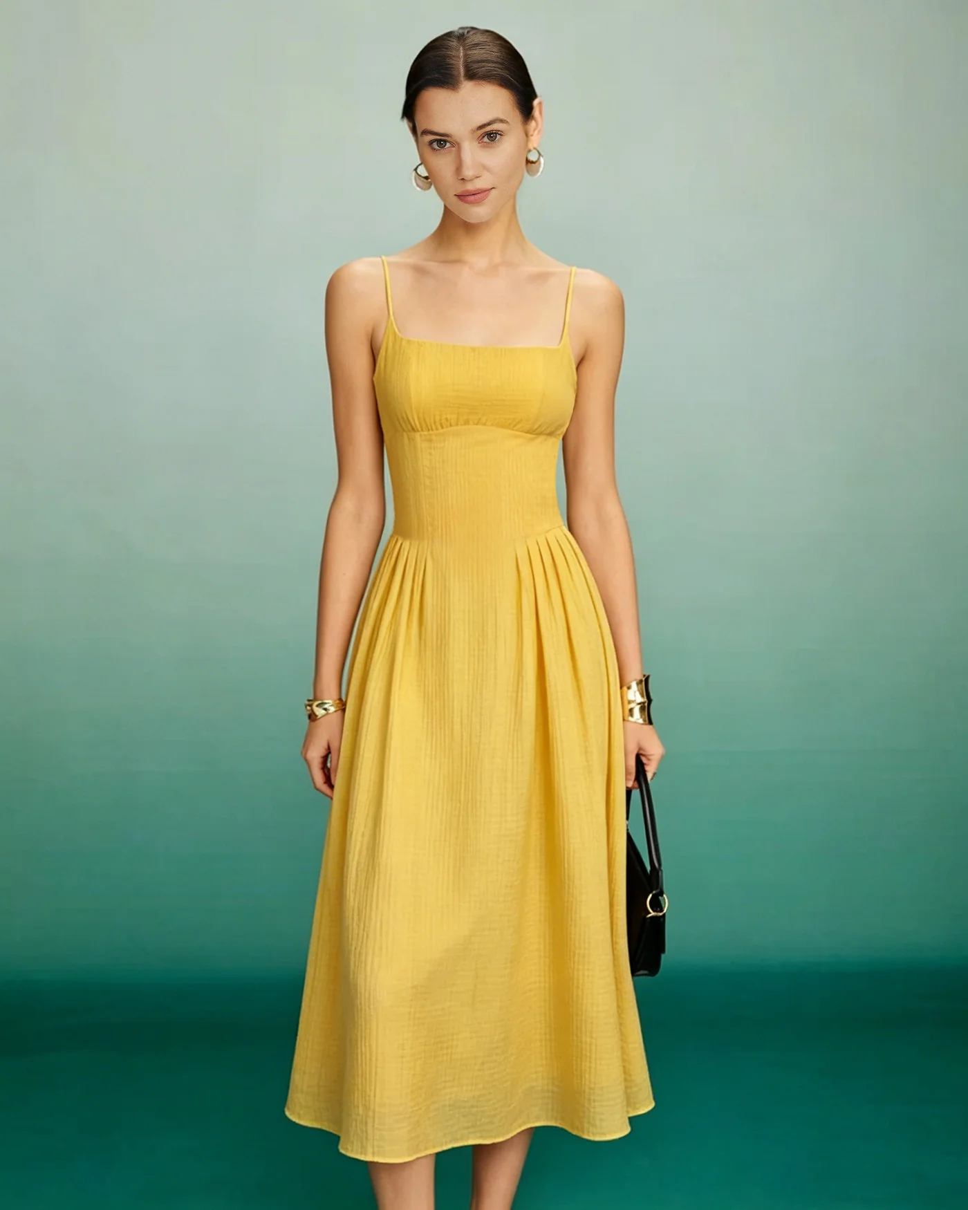 Yellow Shirred Slip A-Line Midi Dress - Image 3